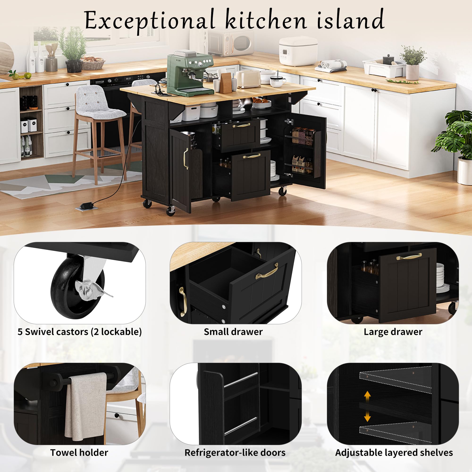 Îlot Central Cuisine, Meuble Cuisine avec Plan de Travail, Multiprises, Poubelle Cuisine, Tiroirs et Porte-Serviettes, Desserte Cuisine sur roulettes pour Cuisine et Salle à Manger, Noir