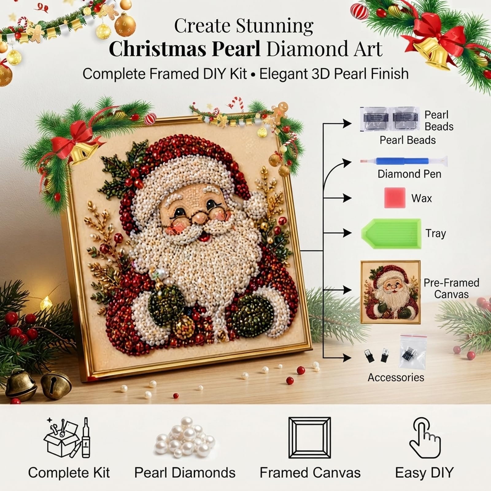 Generico DIY Christmas Pearl Diamond Painting Art Kit with Frame, Christmas Pearl Diamond Painting Art Kit with Frame, Gemstone Diamond Dots Beads for Home Wall Decor, for Adults Beginner (#11)