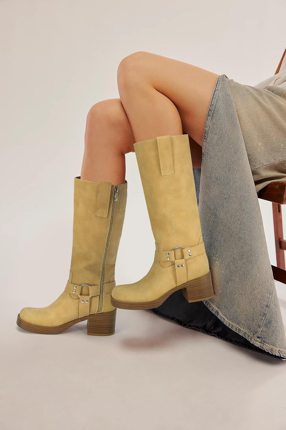 Women's Knee High Riding Boots Round Toe Block Heel Fashion Motorcycle Booties Side Zipper Wide Calf Biker Riding Boots