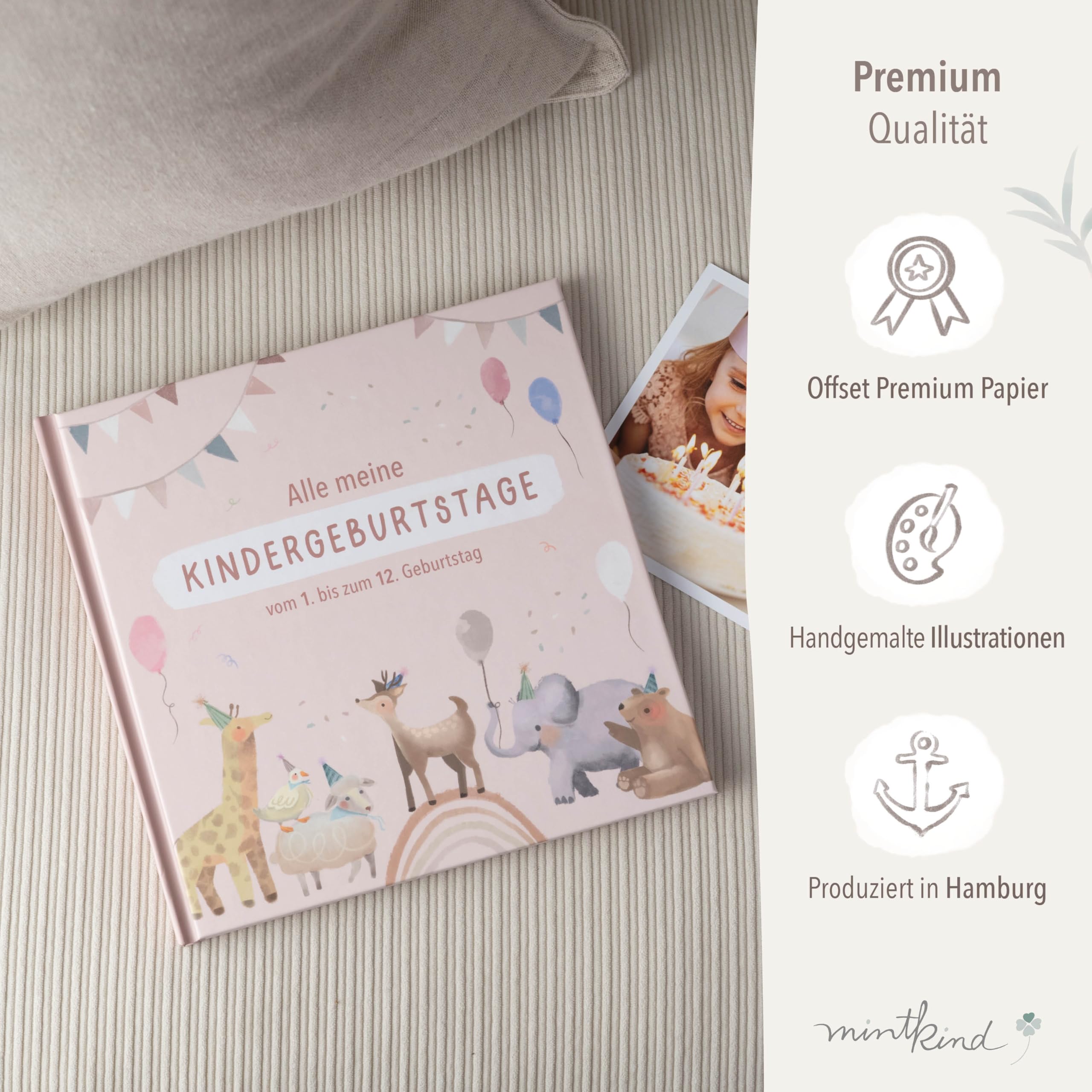 Mintkind Fotoalbum Kinder Rosa – Erinnerungsbuch Kindergeburtstag mit Ausfüllseiten – Erinnerungsalbum 1 bis 12 Jahre – Geschenk zur Geburt für Jungen & Mädchen