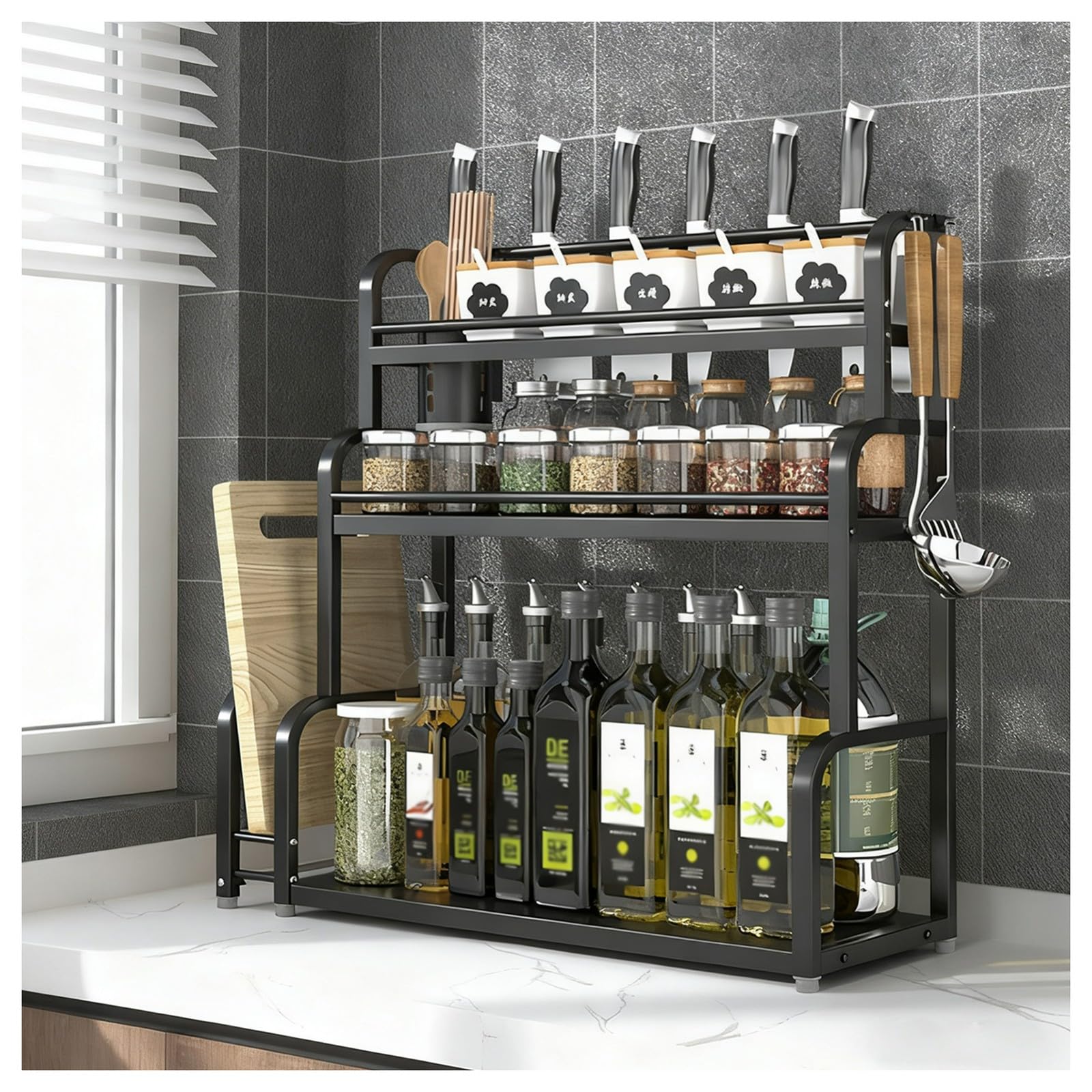 TIANQIHAO Stainless Steel Spice Rack For Kitchen, Large Standing Storage Tray With Hooks And Utensil Holders, Nizer For Pantry And Bathroom,3 Tier-50cm/19.7in