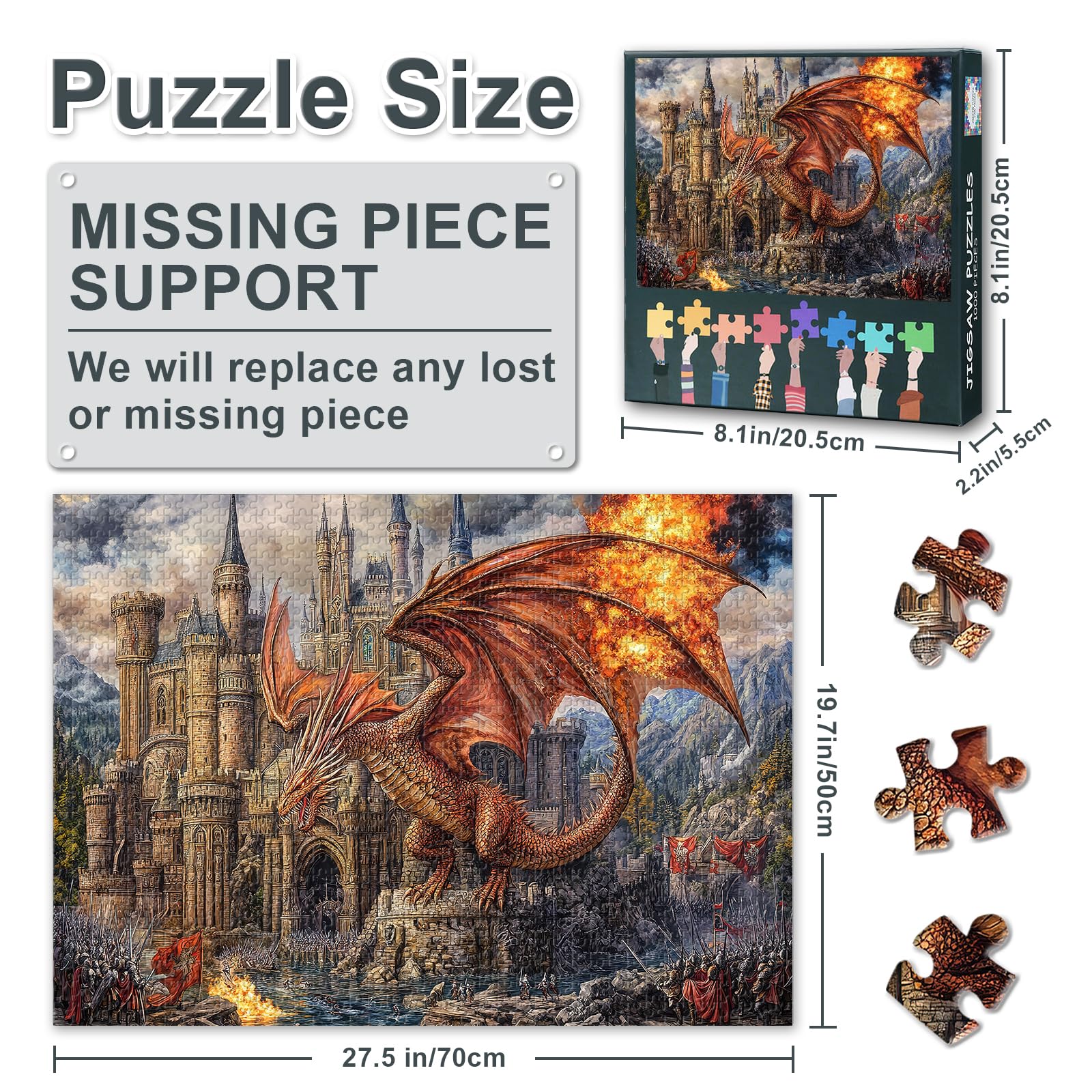 Jigsaw Puzzles 1000 Pieces for Adults Fire Dragon on the Castle Puzzle Home Wall Decoration Artwork Puzzle Suitable for Game Nights Challenging Family Game Finished Size: 70x50cm - Image 3