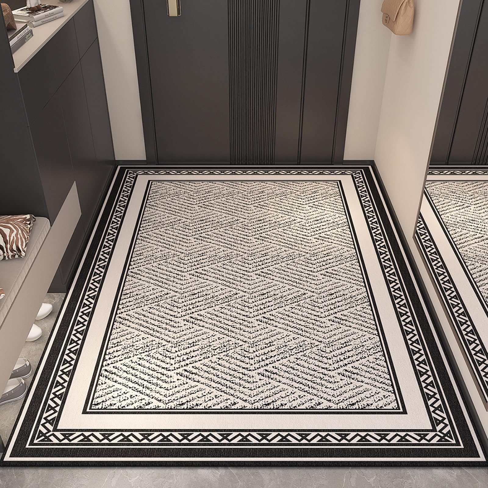 Fussmatte Aussen 90x150 Weiße Schwarze Geometrische Muster Schmutzfangmatte rutschfeste Fußmatte Außen für Eingang Patio Flur Garten Türmatte Maschinenwaschbare Fußmatten Haustür