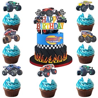enlace pack of 25 car cake decorations happy birthday cake toppers monster truck birthday cake decoration boy truck car muffin decoration truck cupcake topper for children's birthday accessories