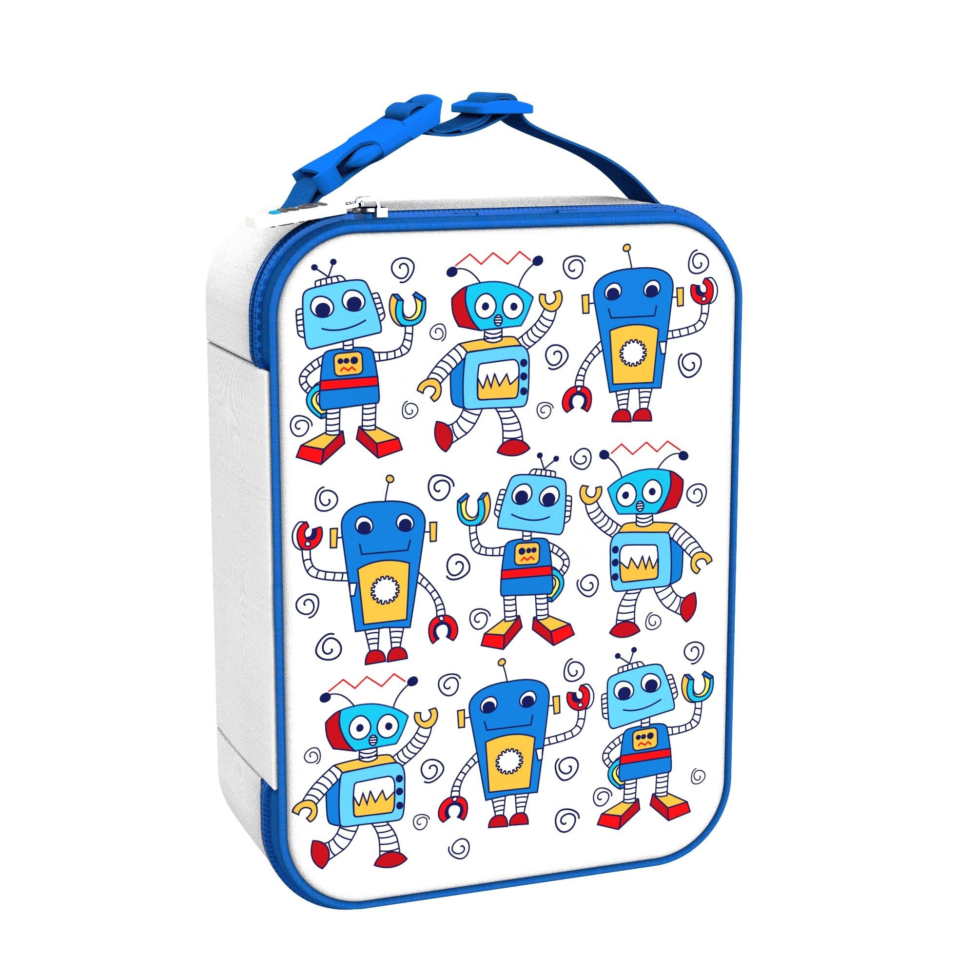 Ion8 Robots Design Lunch Bag, Easy Access 3-Sided Zip, Write-On Name Patch, Freshness & Insulation for 6 Hours, Mesh Pocket for Bottles, Machine Washable, Polyester Fabric Material, White