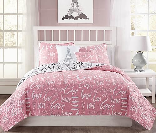 Miniatura 3 de Bonjour, set de 5 unidades de colcha reversible, tamaño queen., RosadoBlancoNegro, King