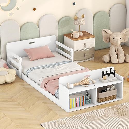 Cama de suelo de tamaño individual con rieles y banco de almacenamiento, marco de cama de madera para niños con cabecera y estribo, no necesita disponible en Yaxa Peru