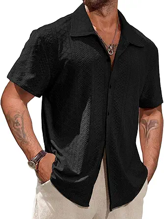 Vssjavun Mens Short Sleeve Button Down Shirts Casual Hollow Out Summer Beach Shirt