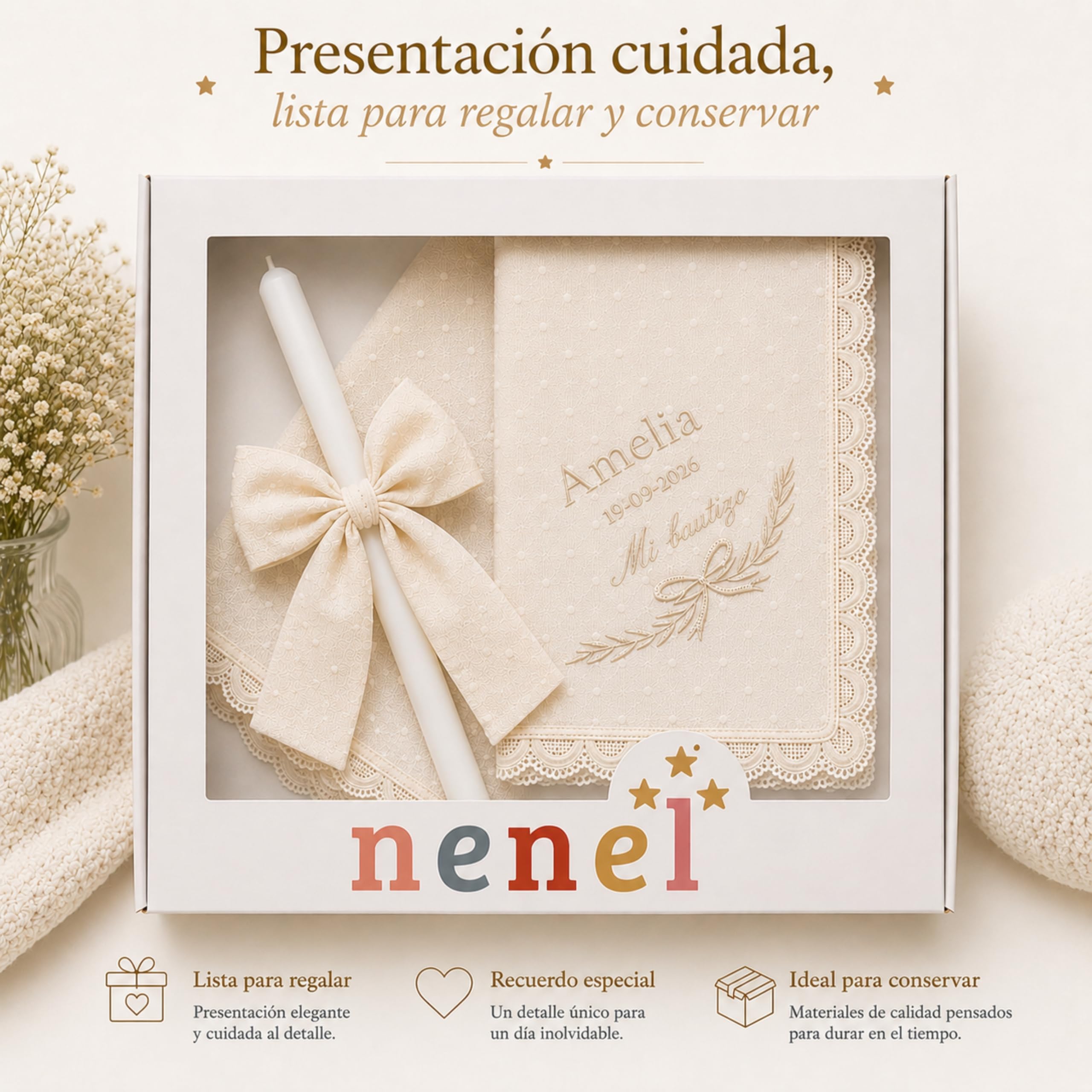 Nenel | Kit de Bautizo Personalizado con Capa Bautismal, Vela y Paño Bordado Plumeti | 6, 12 y 18 Meses | Regalo Original Bautismo con Nombre y Fecha Bordados