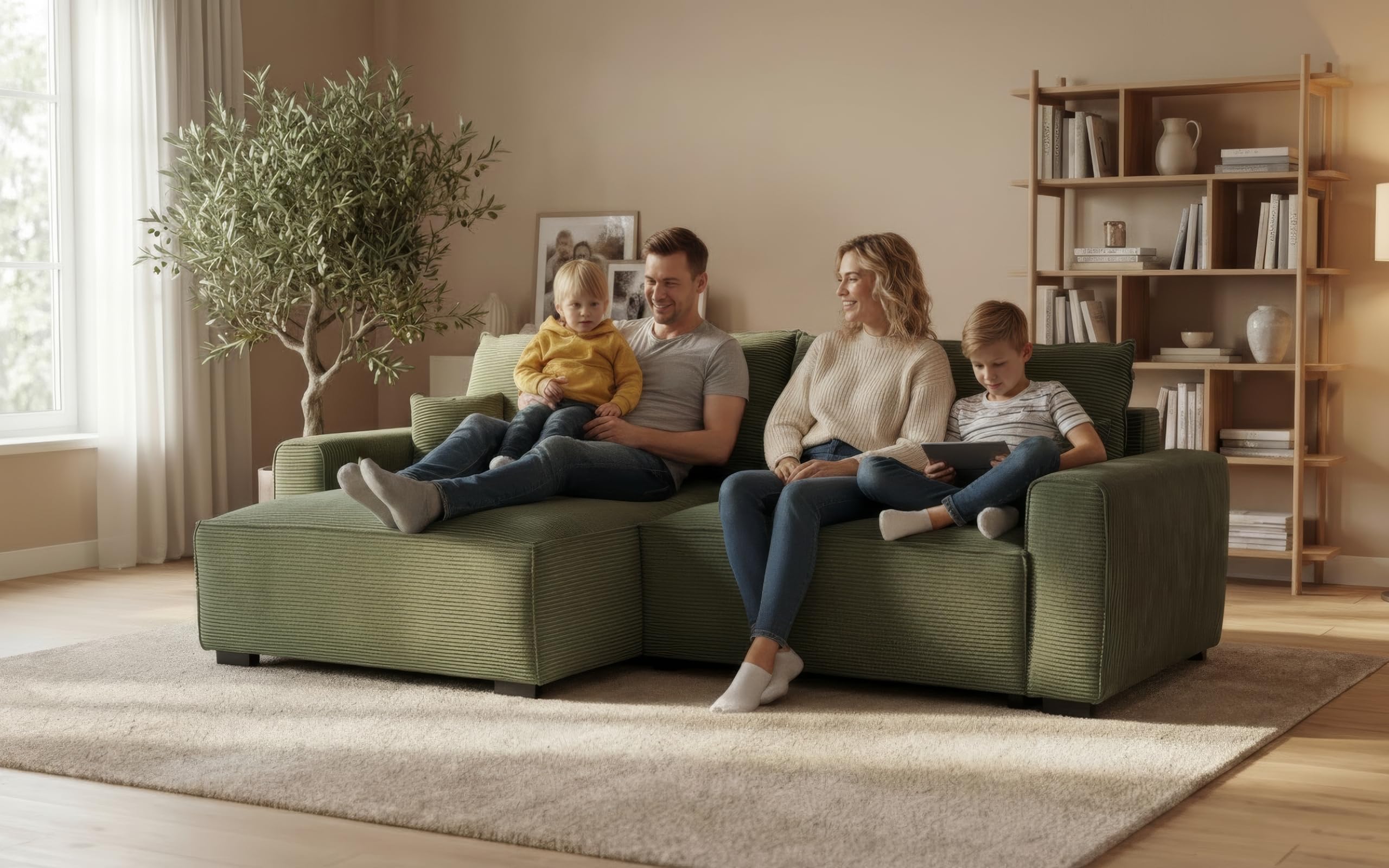 BUDWING Lauren Sofá Cama 3 Plazas – Chaise Longue Reversible con Almacenaje – Estilo Moderno, Tejido Resistente de 380 g/m² – 269x158x96 cm – Verde Bosque