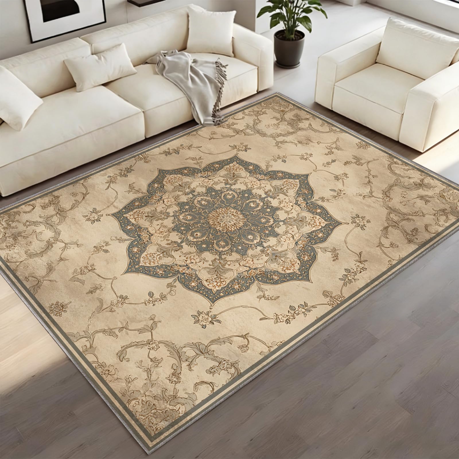 BEQUTIY Retro Carpet 180 x 240 cm, Rustic Style Pattern Area Rugs, Warm-Toned Home Decor Rug Machine Washable Non Slip Rugs, for Dining Room kids Room Fireplaces