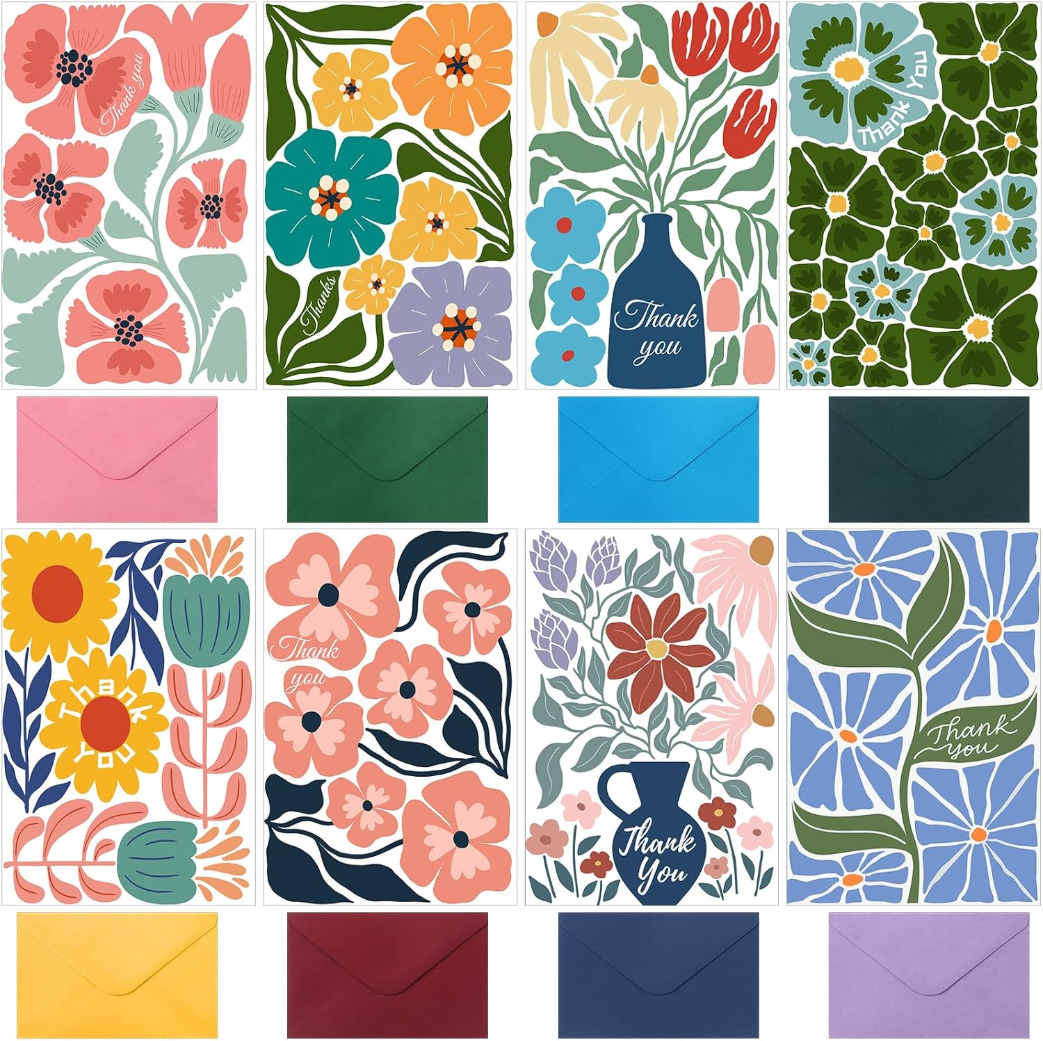 24 Pack Floral Thank You Cards with Envelopes 8 Floral Greeting Cards Bulk with Envelopes & Stickers, 4x6 Inch Blank Inside Note for Birthday, Wedding, Baby Shower, Business
