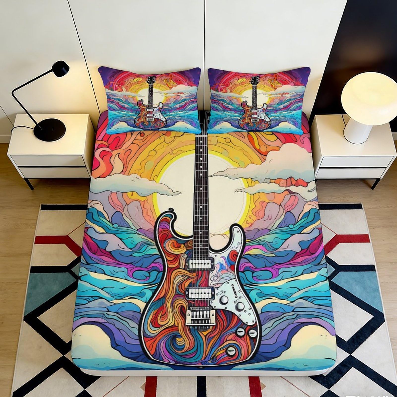3D Printed Psychedelic Guitar Fitted Sheet Microfiber Vibrant Sunset Mattress Cover for Bedroom Dorm Decor 90x200x25cm