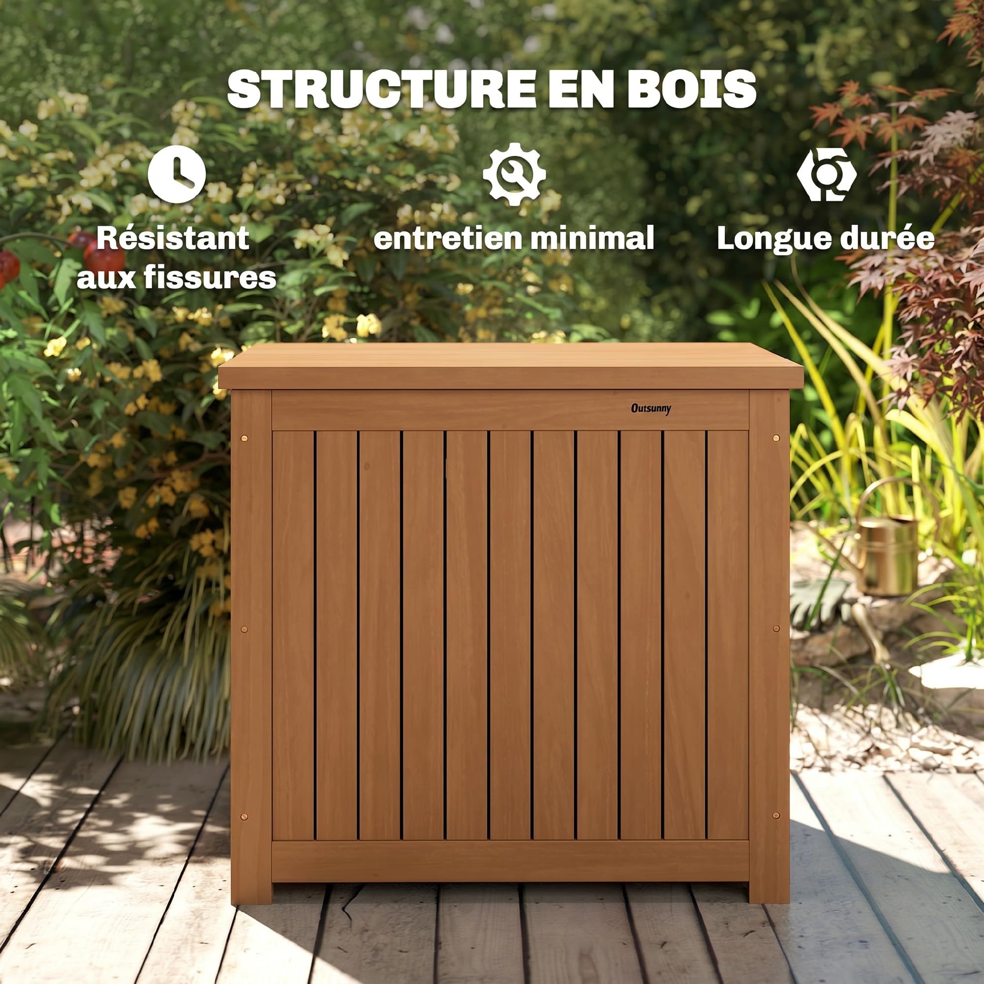 Outsunny Coffre de Rangement en Bois Massif 130L Balcon 63x51x58,5cm Brun