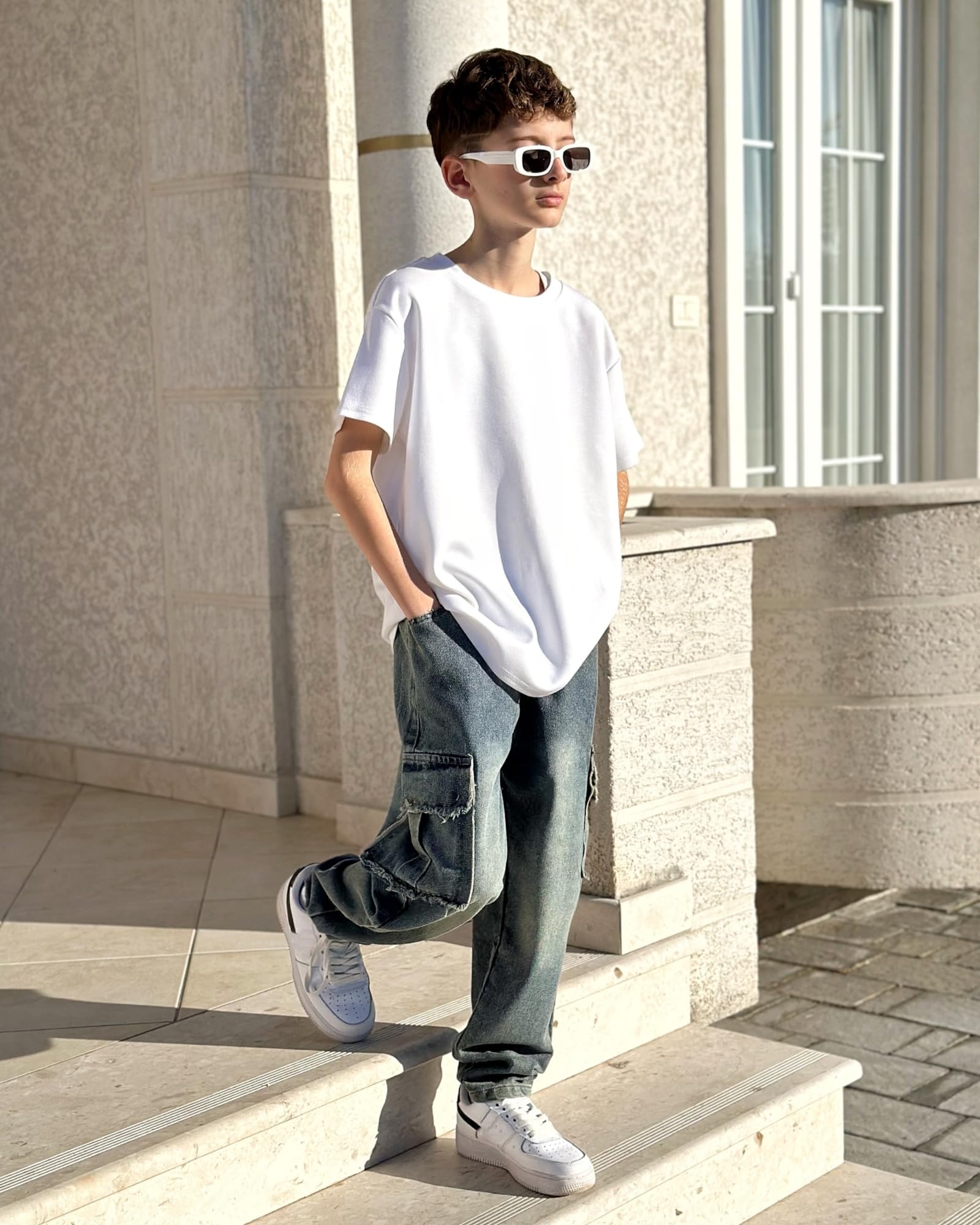 Rolanko Pantalones Vaqueros Rasgados con Cintura Elástica para Niños, Pantalones de Mezclilla Retro con Diseño de Pierna Cónica con Bolsillos para Niños