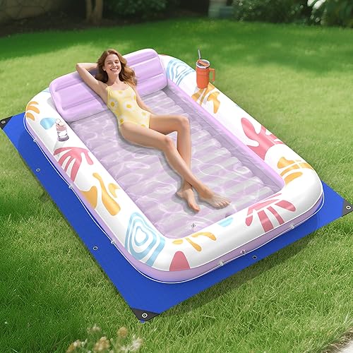Miniatura 14 de Flotador inflable de bronceado para piscina con lona de protección, flotadores de piscina de 70 x 46 pulgadas para adultos con almohada, flotador 6