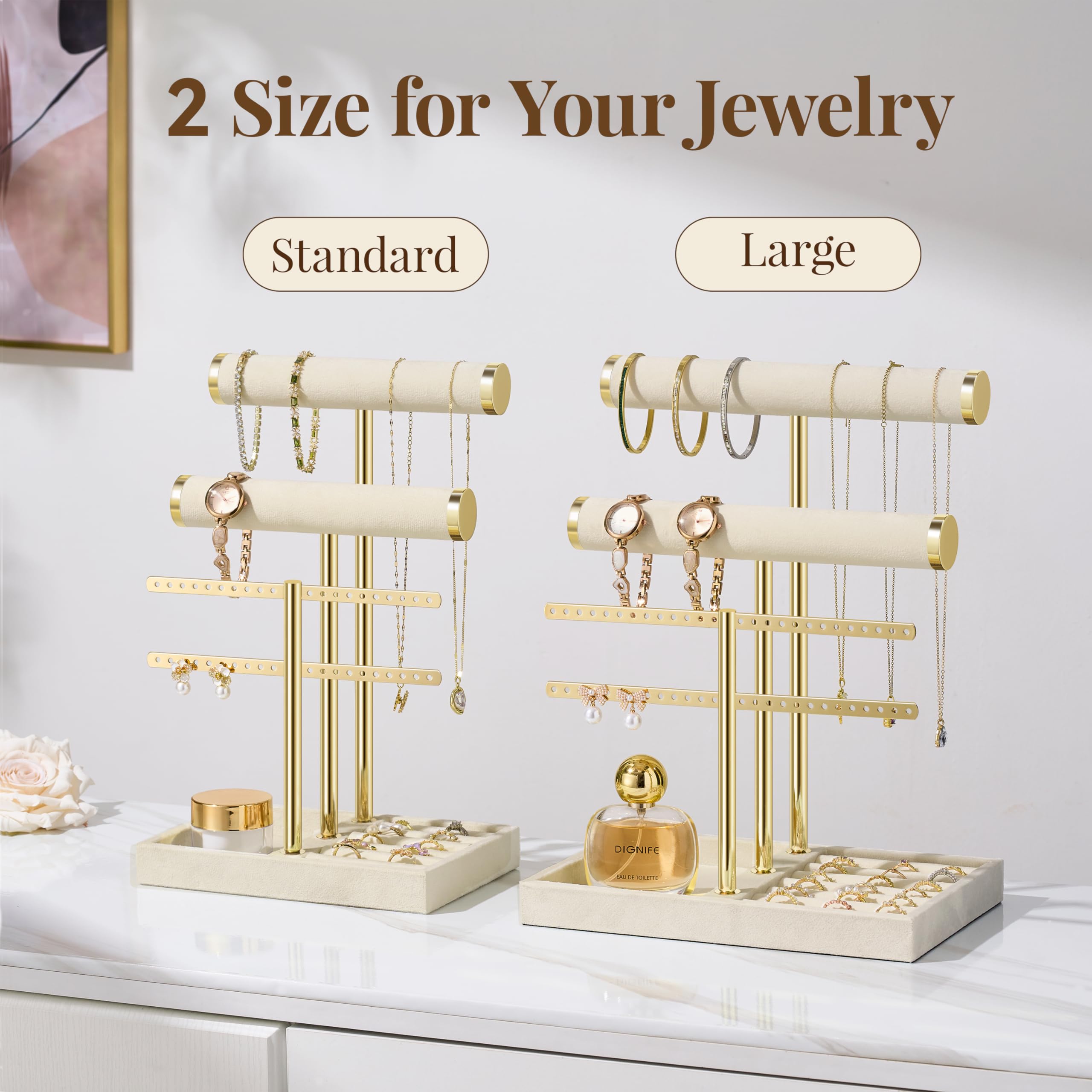 Josmimic Organizador de joyas con 3 niveles – Grande Beige Soporte para joyas pulseras de terciopelo para pulsera, collar, relojes, anillos