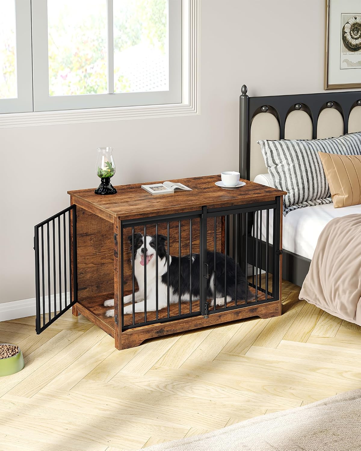 Hzuaneri 39.3" Dog Crate Furniture with Barn Door, Heavy Duty Dog Kennel Indoor with 2 Doors, Wooden Pet Cage End Table for Large Small Medium Dogs, Anti-Chew Anti-Escape, Rustic Brown DFC02301B