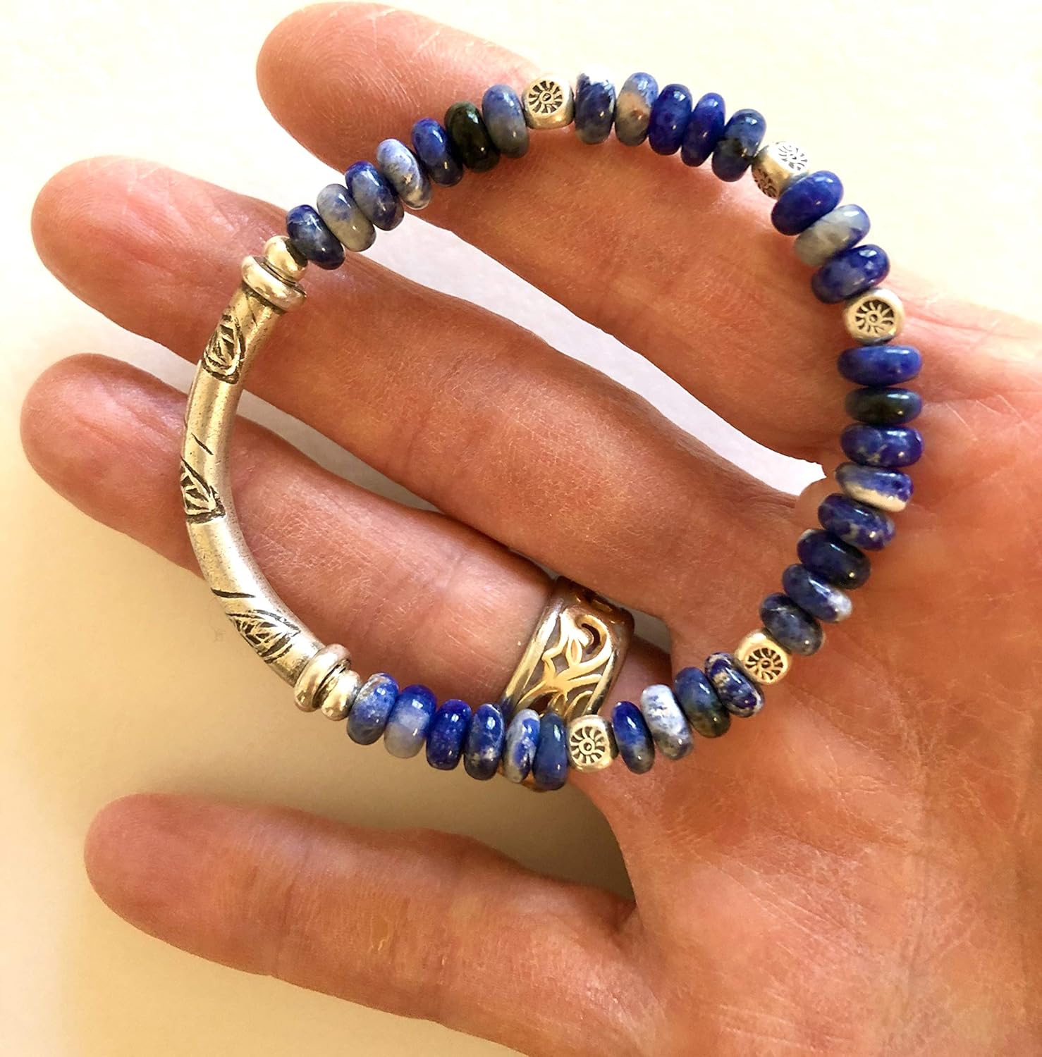Blue Sodalite Bracelet, Denim Blue Bracelet, Karen HIll Tribe, Thai Fine Silver, Sundance Style, Stretch Bracelet, Boho.