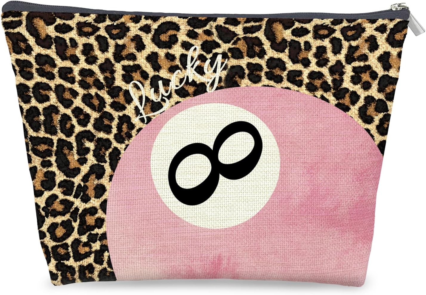 Pink Lucky 8 Ball Leopard Print Makeup Bag Gifts for Women, Preppy Girly Pink Cheetah Print Y2k Cosmetic Bag, Funky Retro Aesthetic Zipper Makeup Pouch Travel Toiletry Bags