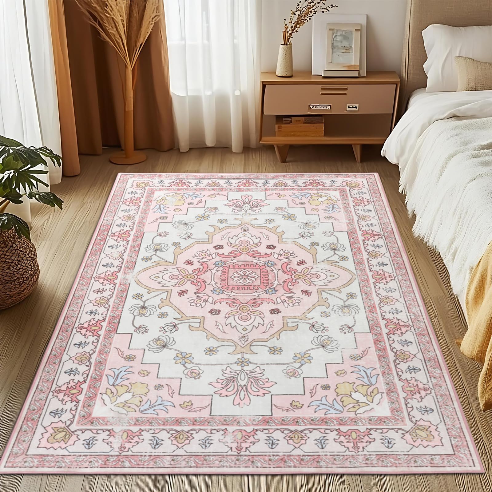MOSISO 121 x 182 cm Tappeto Soggiorno, Tappeti Vintage Nazionale Lavabile | Antiscivolo, Tapetto Pelo Corto, Tappeto Rettangolare Finta Lana per Salotto, Camera Letto, Sala Pranzo, Casa, Rosa