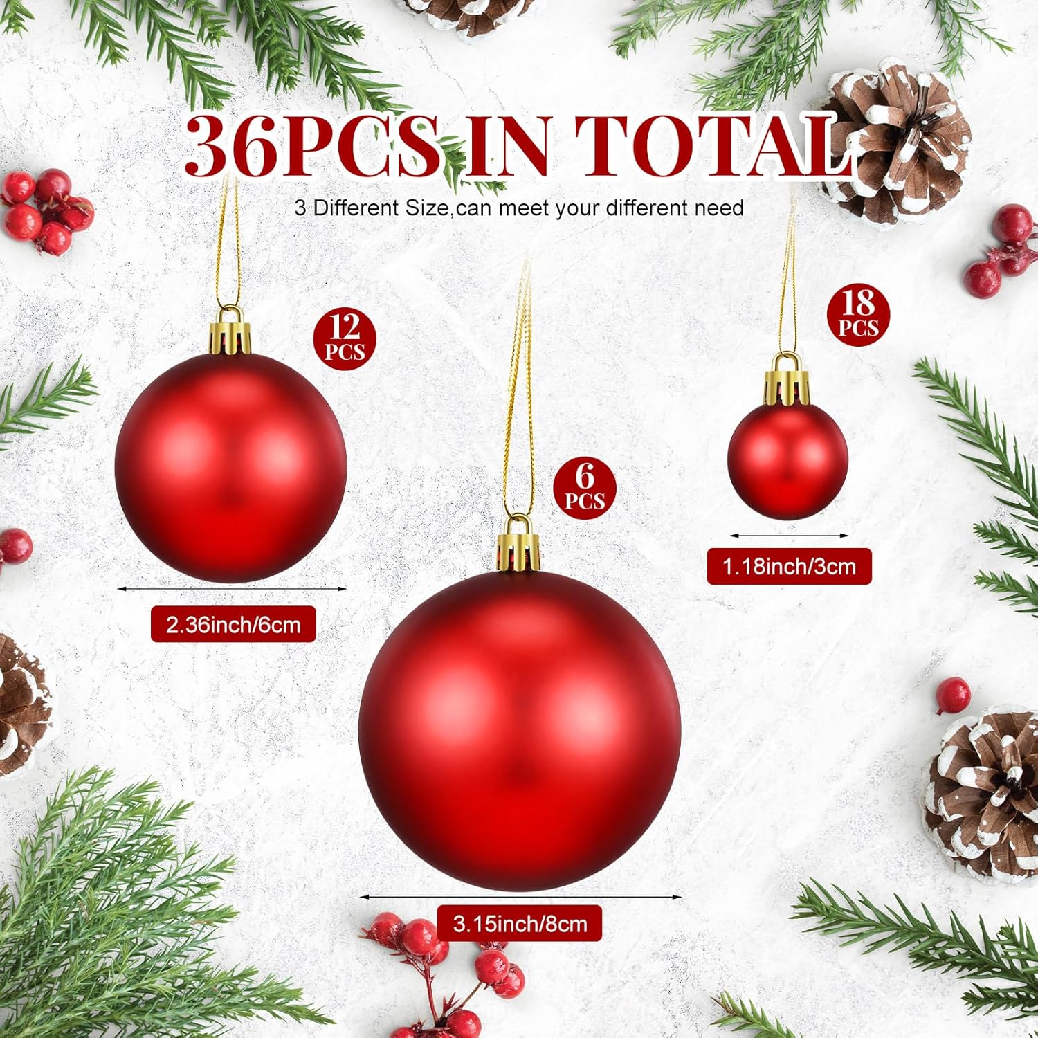 36 Pieces Multiple Sizes Christmas Ball Ornaments Xmas Tree Balls Colorful Christmas Tree Plastic Hanging Ornaments 3 Different Sizes for Party, Wedding, Home Decor(Red)