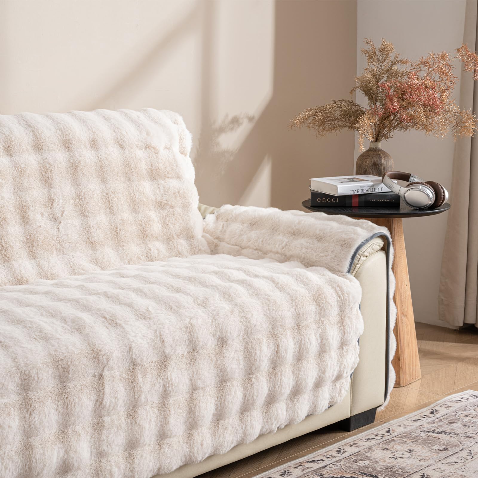 Plush and Fuzzy Shaggy Couch Cover, Dog Pad Faux Fur Sofa Cover, Water Resistant Slipcover, Non-Slip Furniture Protector for Kids,Dogs,Cats.(White-Bubble, XX-Large Sofa)