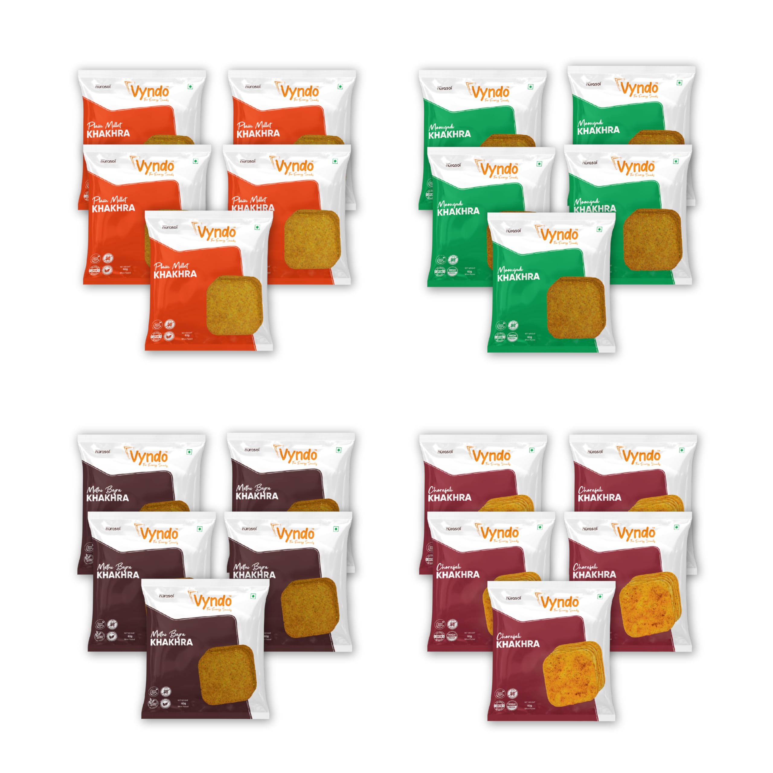 Vyndo Khakhra Trial Pack Combo - Methi Bajra, Chorafali, Moongadi, Plain Millet - 40 gm each (Pack of 20), Made with Millets, Gluten-free, Diet Friendly, 100% Natural, Tea Time Snack, Healthy Snacks for Kids and Adults, No Palm Oil