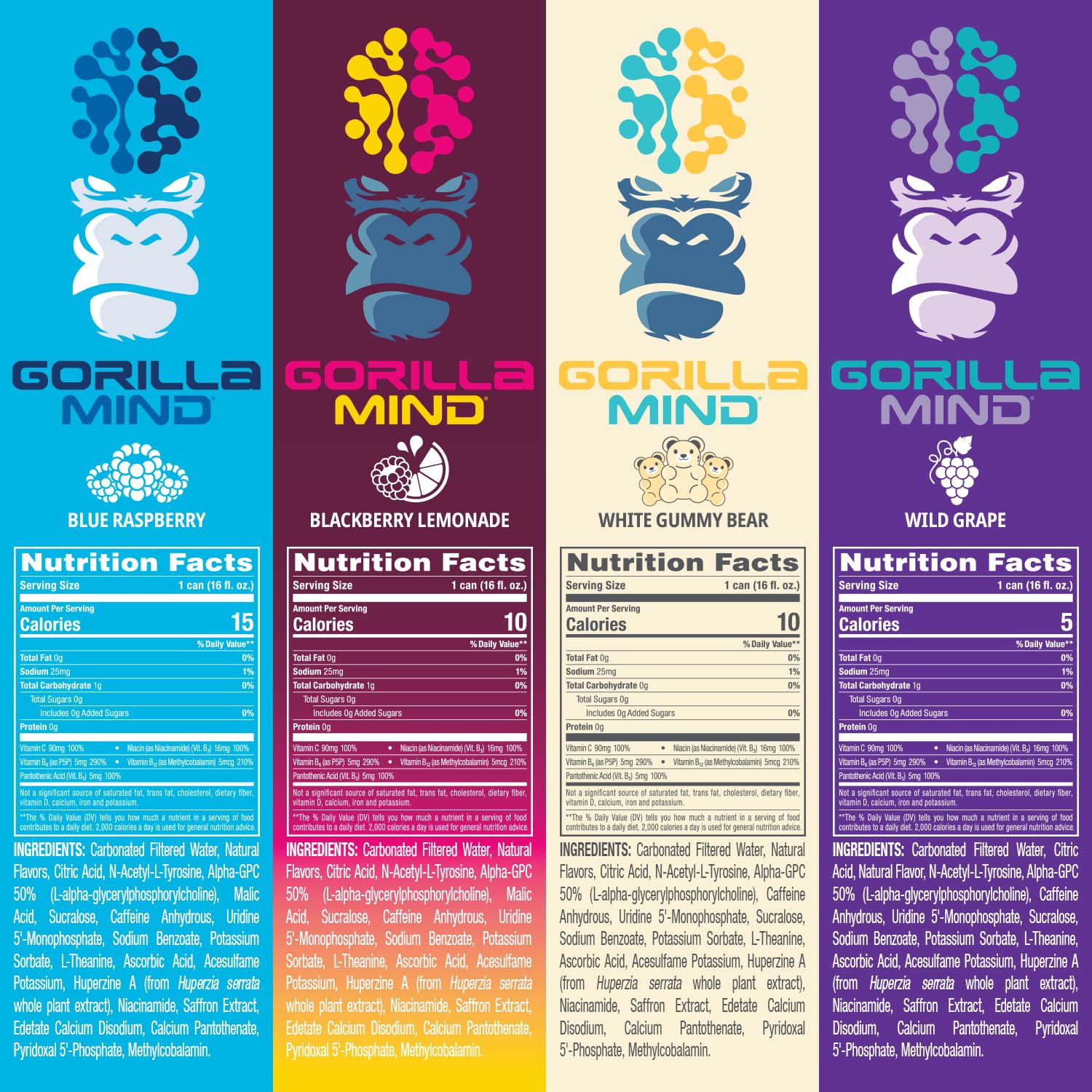 Gorilla Mind Energy Drink | Unmatched Energy · Amplified Focus | N-Acetyl-L-Tyrosine, Alpha-GPC, 200mg Caffeine, Uridine, Saffron | 0 Sugar Or Artificial Colors | 16oz | 12-Pack (Variety Pack #1)