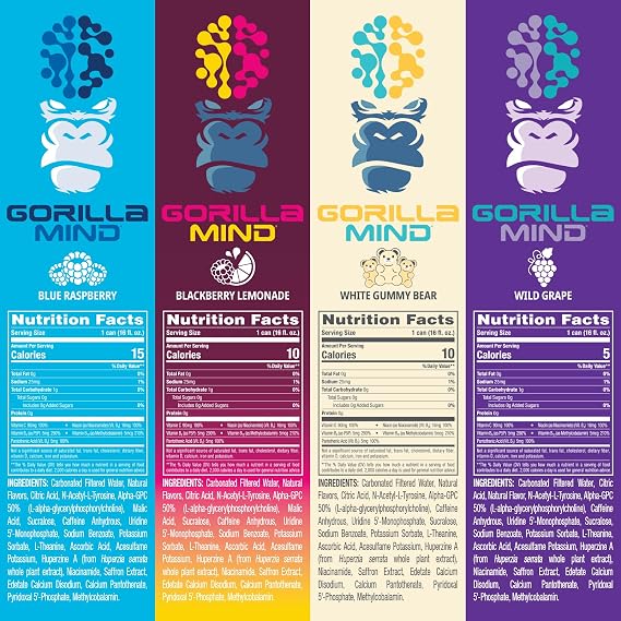 Gorilla Mind Energy Drink | Unmatched Energy Amplified Focus | N-Acetyl-L-Tyrosine, Alpha-GPC, 200mg Caffeine, Uridine, Saffron | 0 Sugar Or Artificial Colors | 16oz | 12-Pack (Variety Pack #1)
