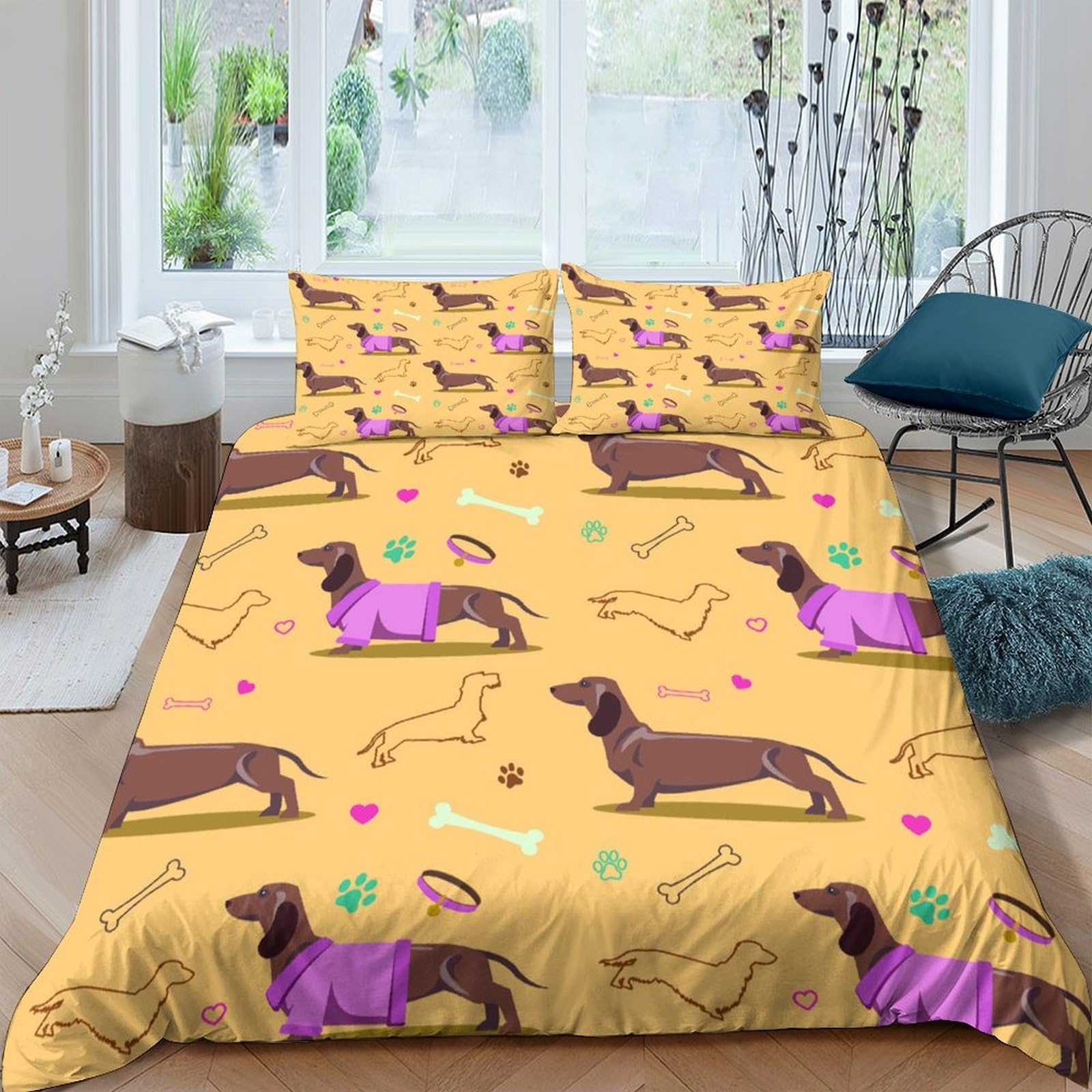 GPLZQXKJNH 3D Printed Dachshund Dog Duvet Cover Microfiber Yellow Bedding Set with 2 Pillowcases for Bedroom Decor Single（135x200cm）