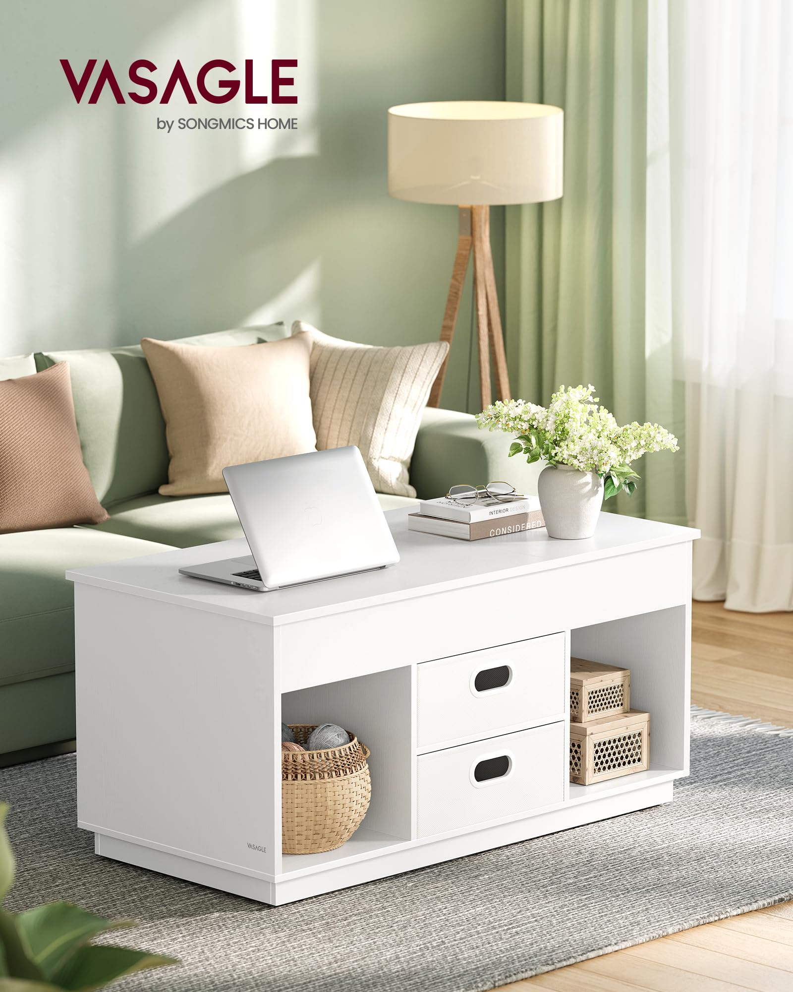 VASAGLE CUSTOS Kollektion - Couchtisch, höhenverstellbarer Wohnzimmertisch, 2 Schubladen und versteckte Fächer, Kaffeetisch, offene Fächer, für Wohnzimmer, Homeoffice, schneeweiß LCT210W01