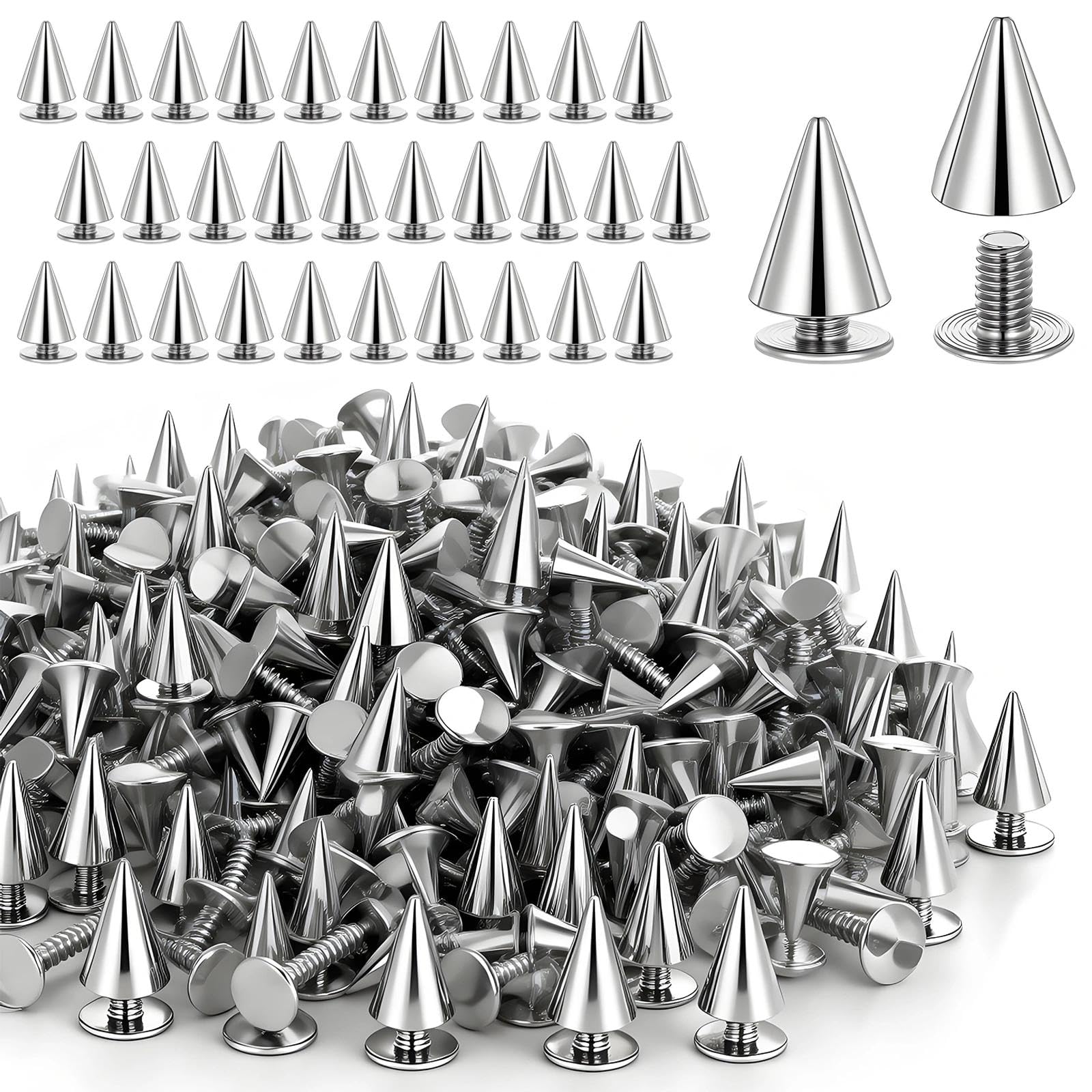 Plumaire ‎Silver 100 Pcs Cone Spikes Screwback Studs, Metal Spike Studs Replacement, Cone Spikes Screwback Stud, Screw Back Bullet Stud, For Clothing Leather Jacket Bracelet Necklace Decoration, Silver