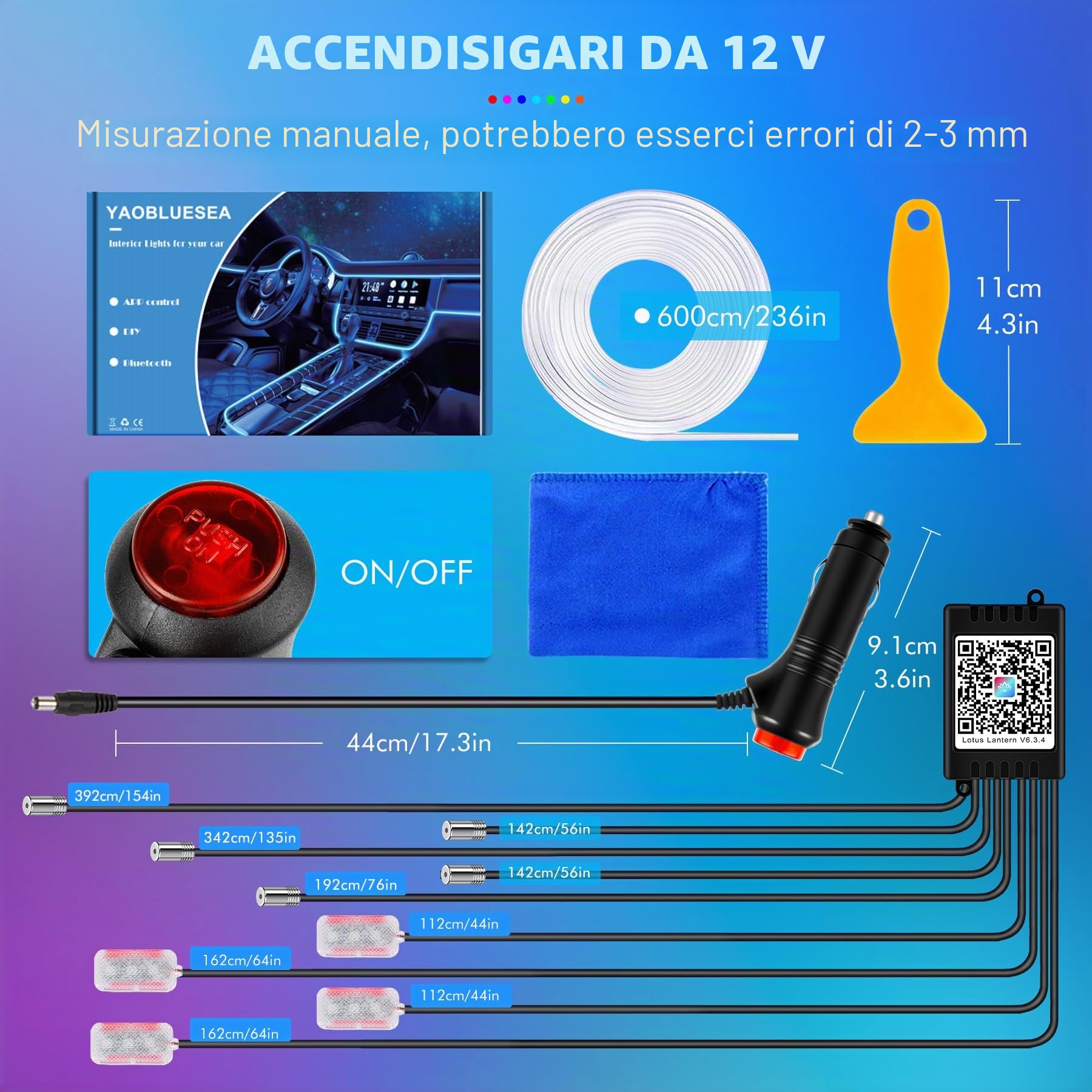 Illuminazione Interna per Auto 6,5m LED Striscia, 12V RGB Luci Neon d'Atmosfera Impermeabile, Controllabile con APP, Ambientale Musica e Illuminazione vano Piedi