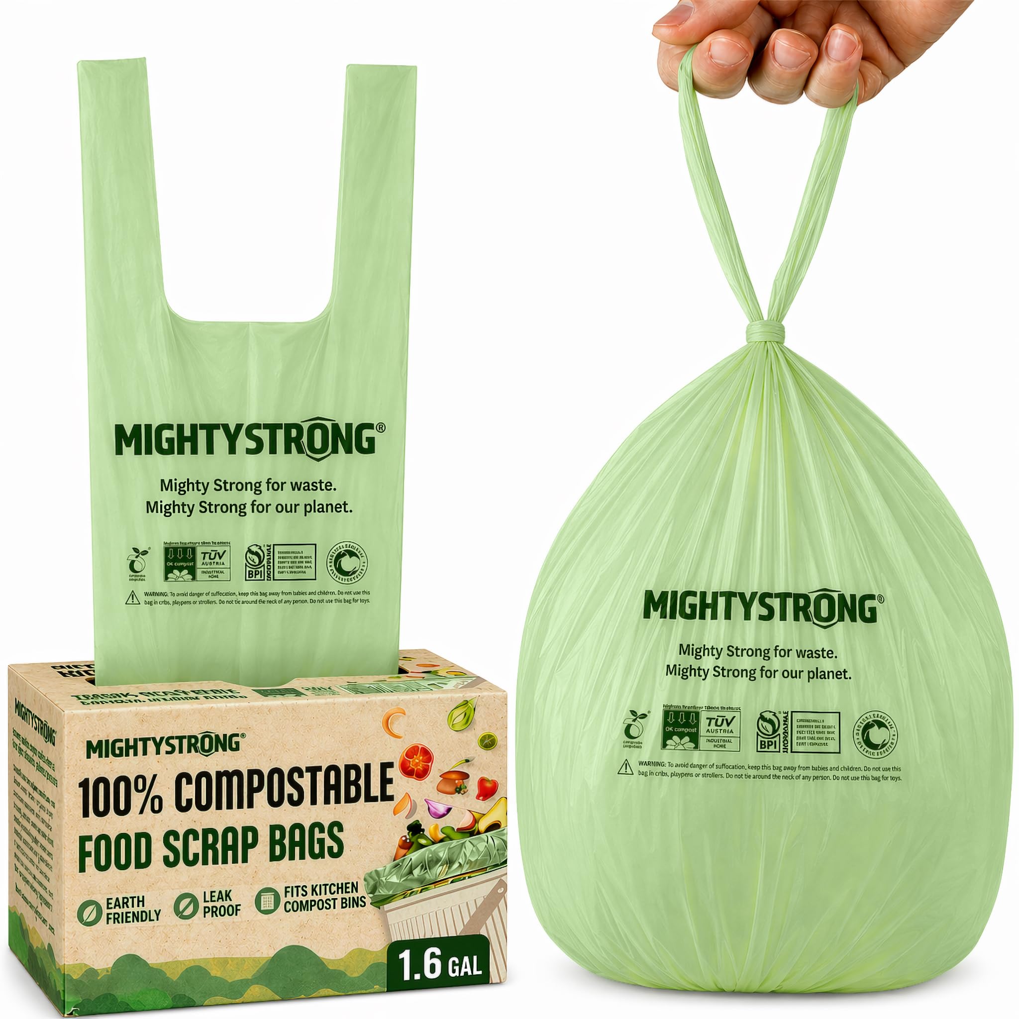 50 bolsas de compostaje con asas, bolsas de basura compostables de 1.6 galones/6 litros, 50 bolsas de basura pequeñas biodegradables, certificadas por BPI And OK Compost, bolsas de residuos de