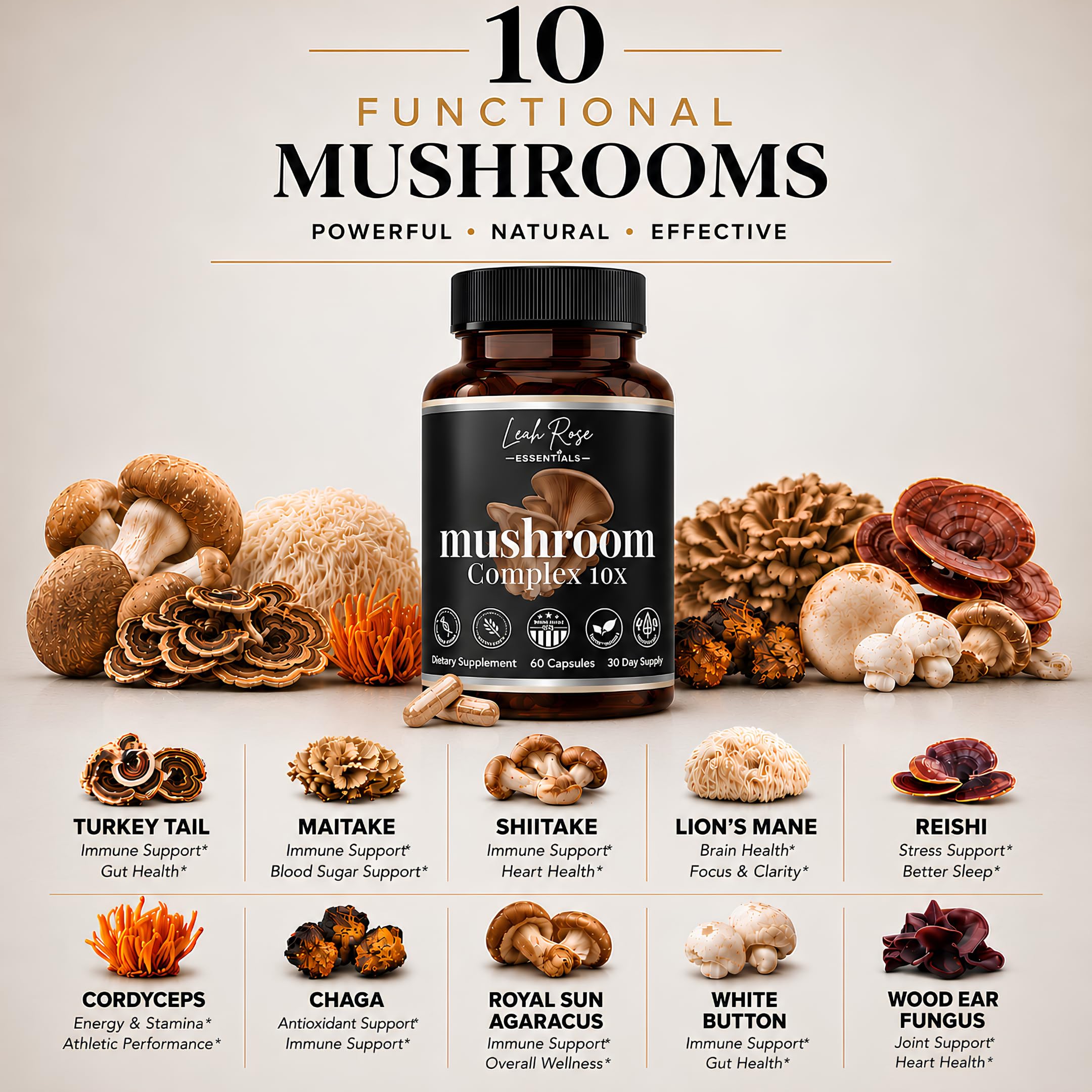 Mushroom Complex Supplement 10-in-1 - Fruiting Body Extracts - Lions Mane, Cordyceps, Reishi, Turkey Tail, Chaga & More - Brain, Focus, Energy & Immune Support - 60 Vegan Capsules — Amazon image 3