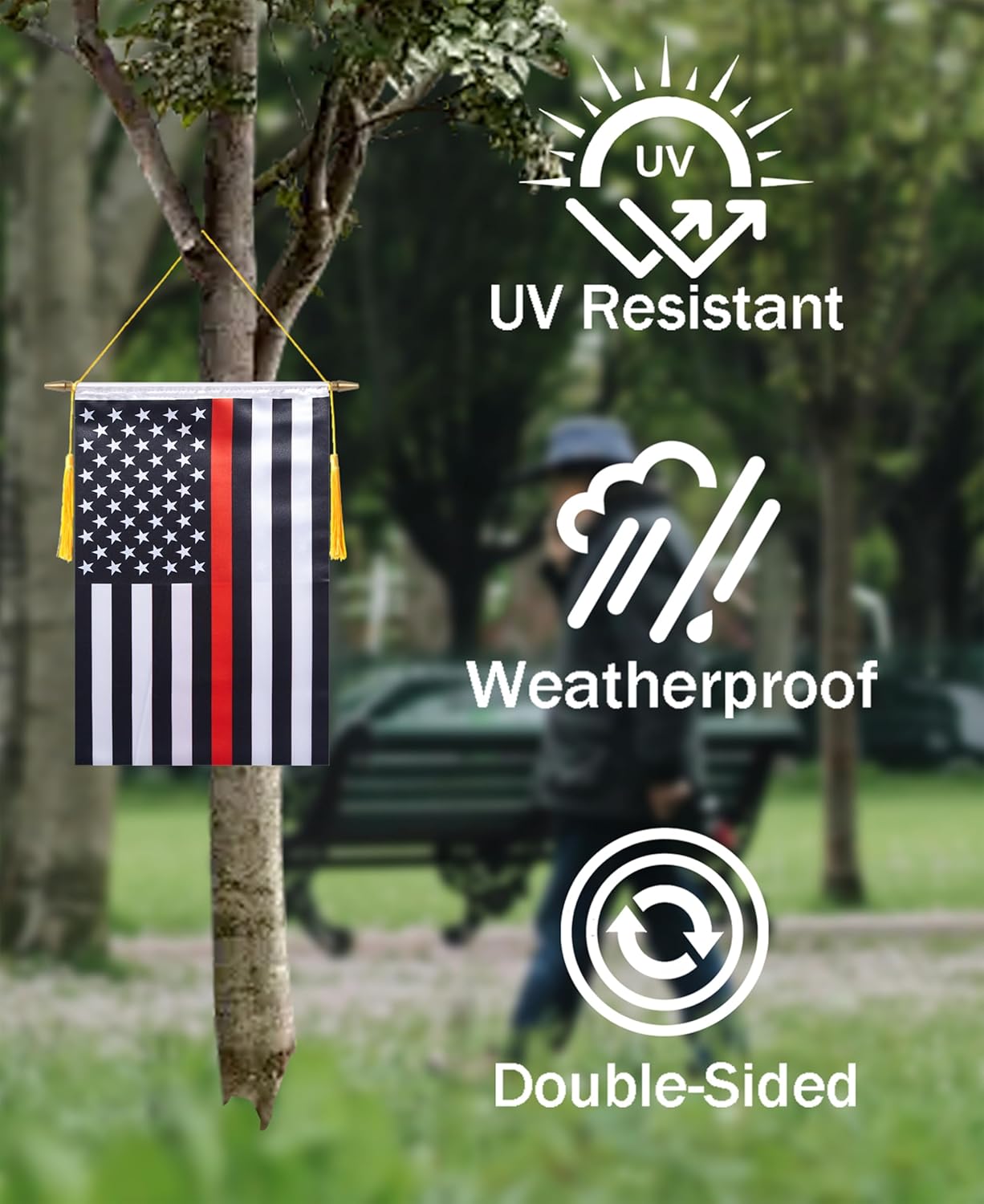 18x12 Inch USA Thin Red Line Wall Banner Flag,Wooden Hanging Pole and Double Satin Finish,Firefighter Hanging Flag,for House Room,School Classroom, Club and Door - Image 3