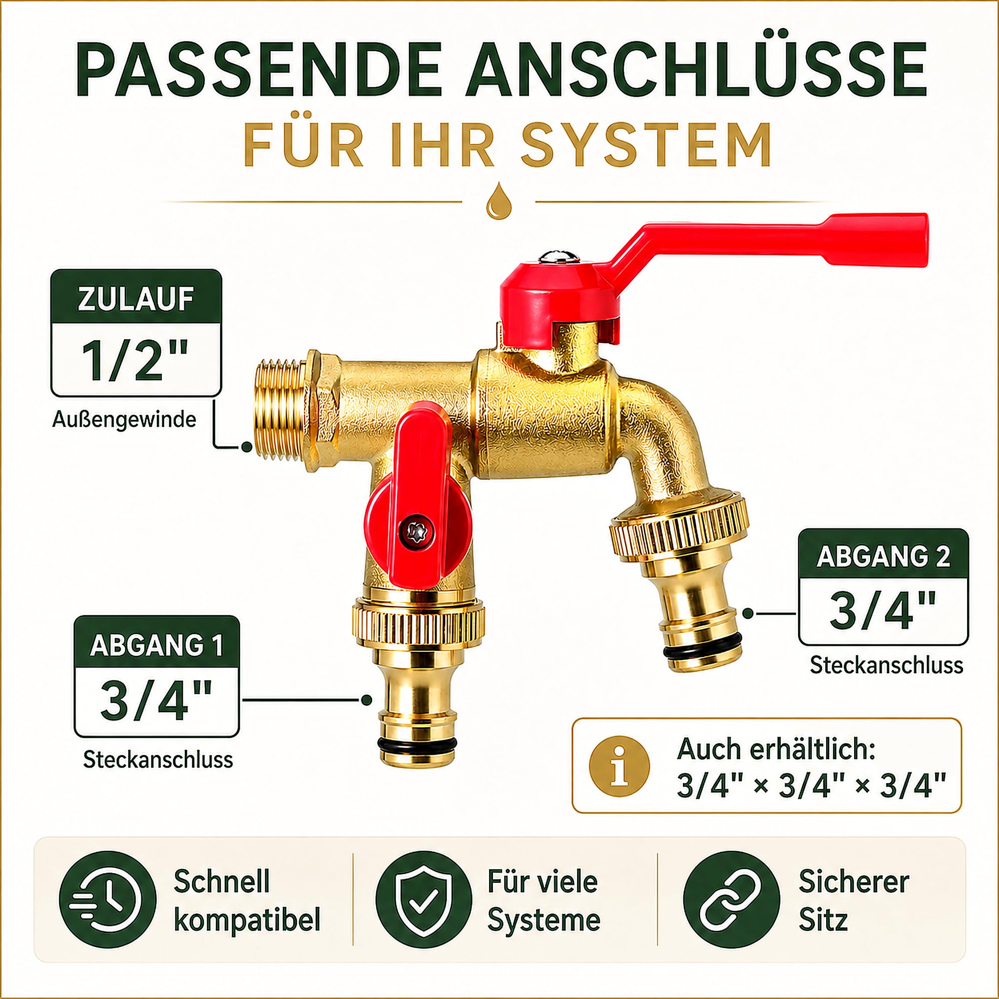 Double robinet extérieur résistant au gel 1/2" - Robinet de jardin en laiton avec 2 sorties de 3/4" - Double vanne de sortie pour tuyau d'arrosage, réservoir de pluie et machine à laver