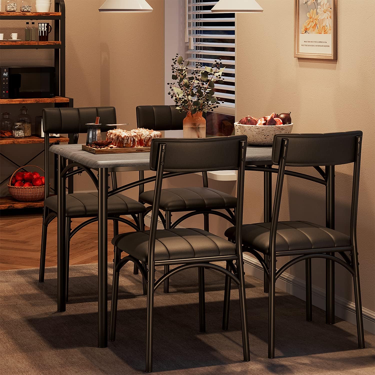 Alkmaar Kitchen Table Set with 4 Chairs, Dining Table Set for 4 with Upholstered