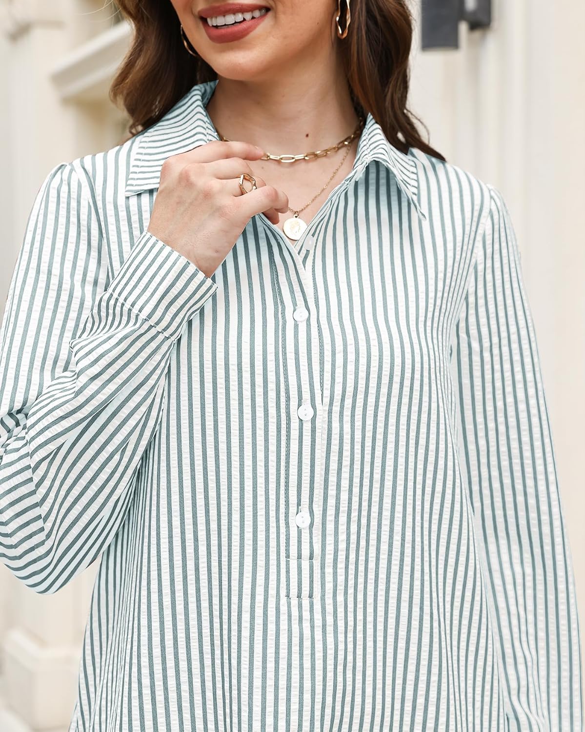 Womens Striped Shirt Mini Dress Long Sleeve Collared Button Up Flowy Ruffle Hem Swing Shift Tunic Dress - Image 6