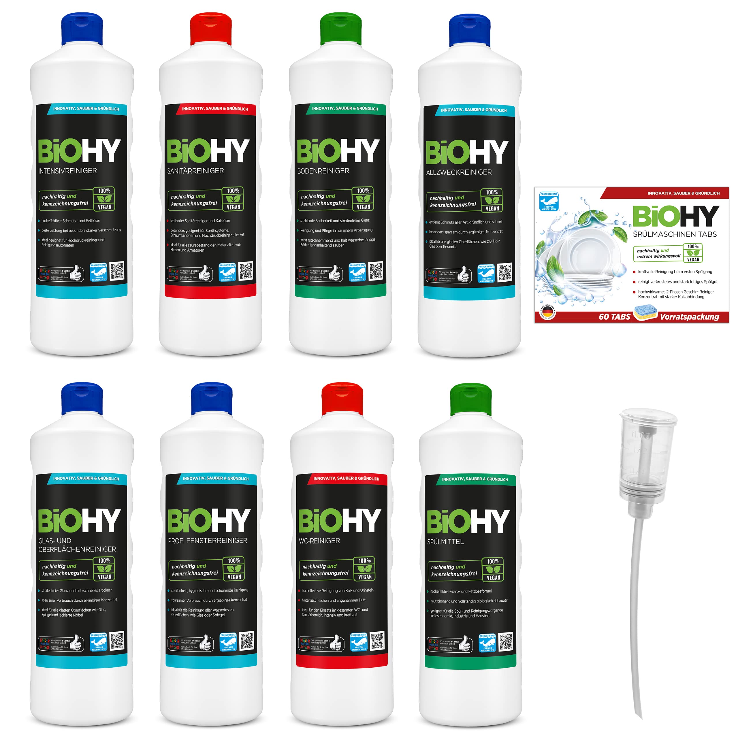 BiOHY Set completo di detergente con dosatore e pastiglie per lavastoviglie (8 x 1 L) | detergente per bagno, finestre e pavimenti, potente ed efficiente | detergente biologico sostenibile