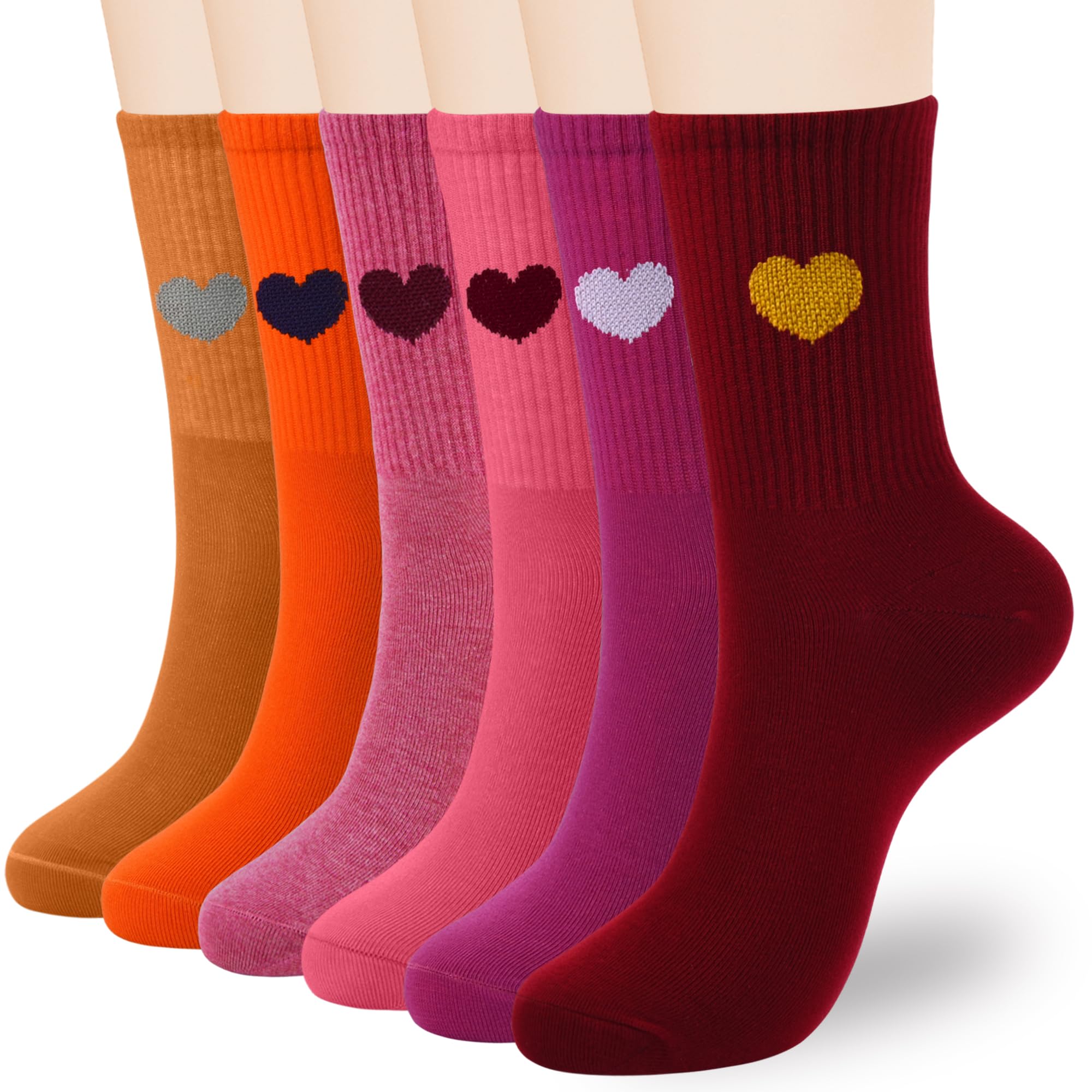 inhees Women Cotton Crew Socks,6Pairs Cute Heart Ankle Boot Dress High Calf