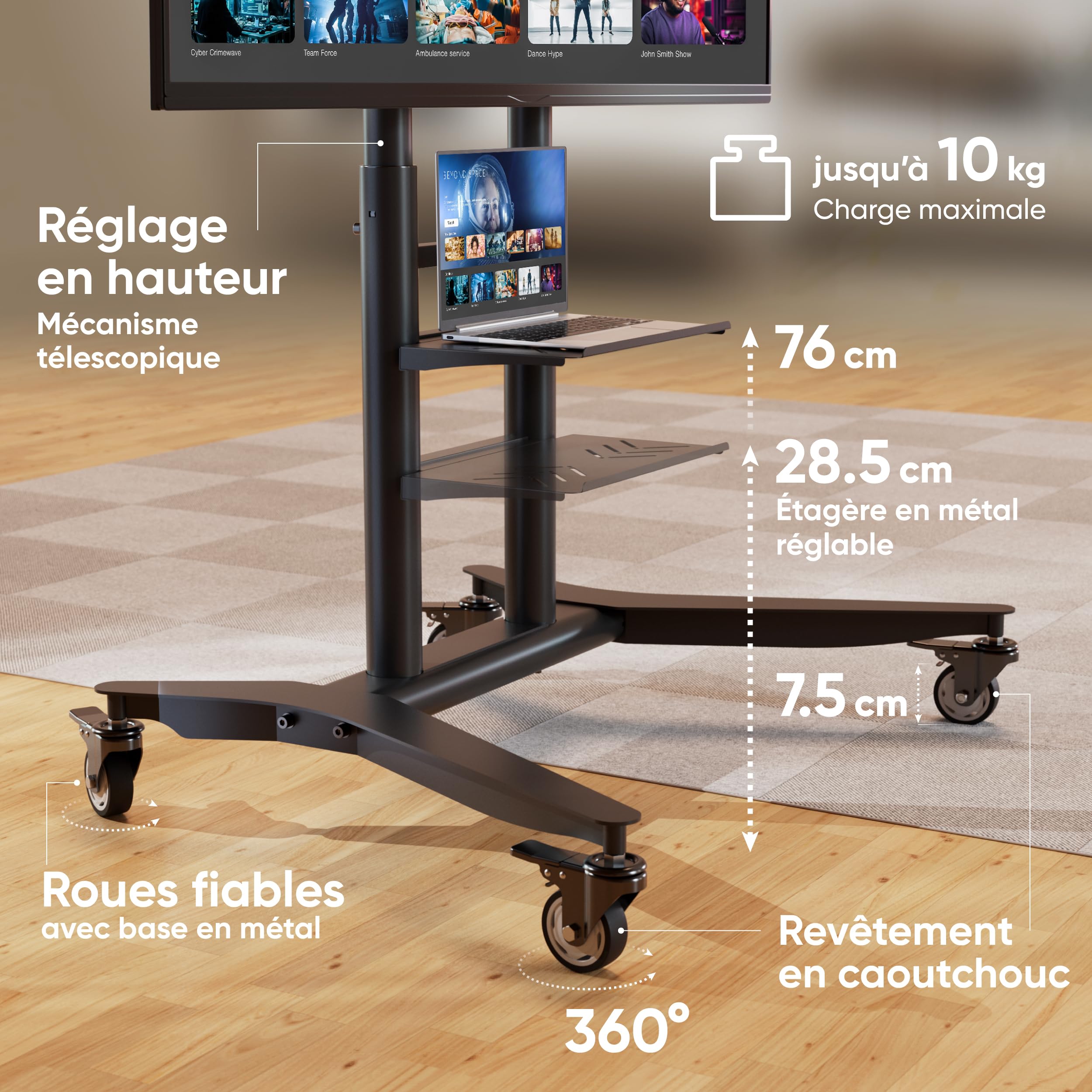 ONKRON Support TV roulettes 55-90 Pouces, 75 kg, Max VESA 800x600, TS1871-B | Support TV mobile, hauteur réglable jusqu’à 1590 mm, gestion des câbles, pour réunions, formations et événements, noir