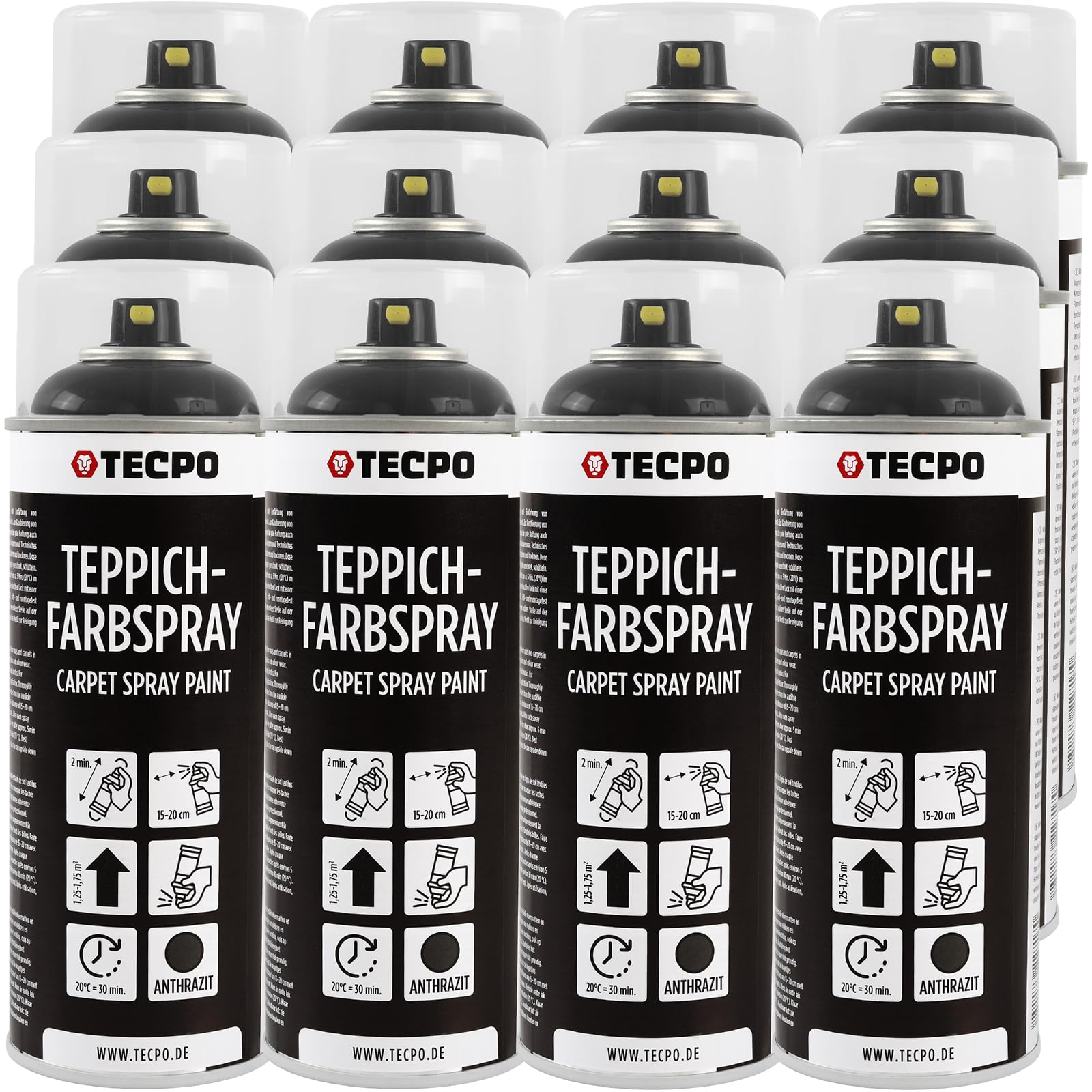 TECPO Spray de pintura para alfombras, 12 x 400 ml, color antracita, para alfombras, alfombrillas de coche, tejido de goma, plástico, tratamiento interior