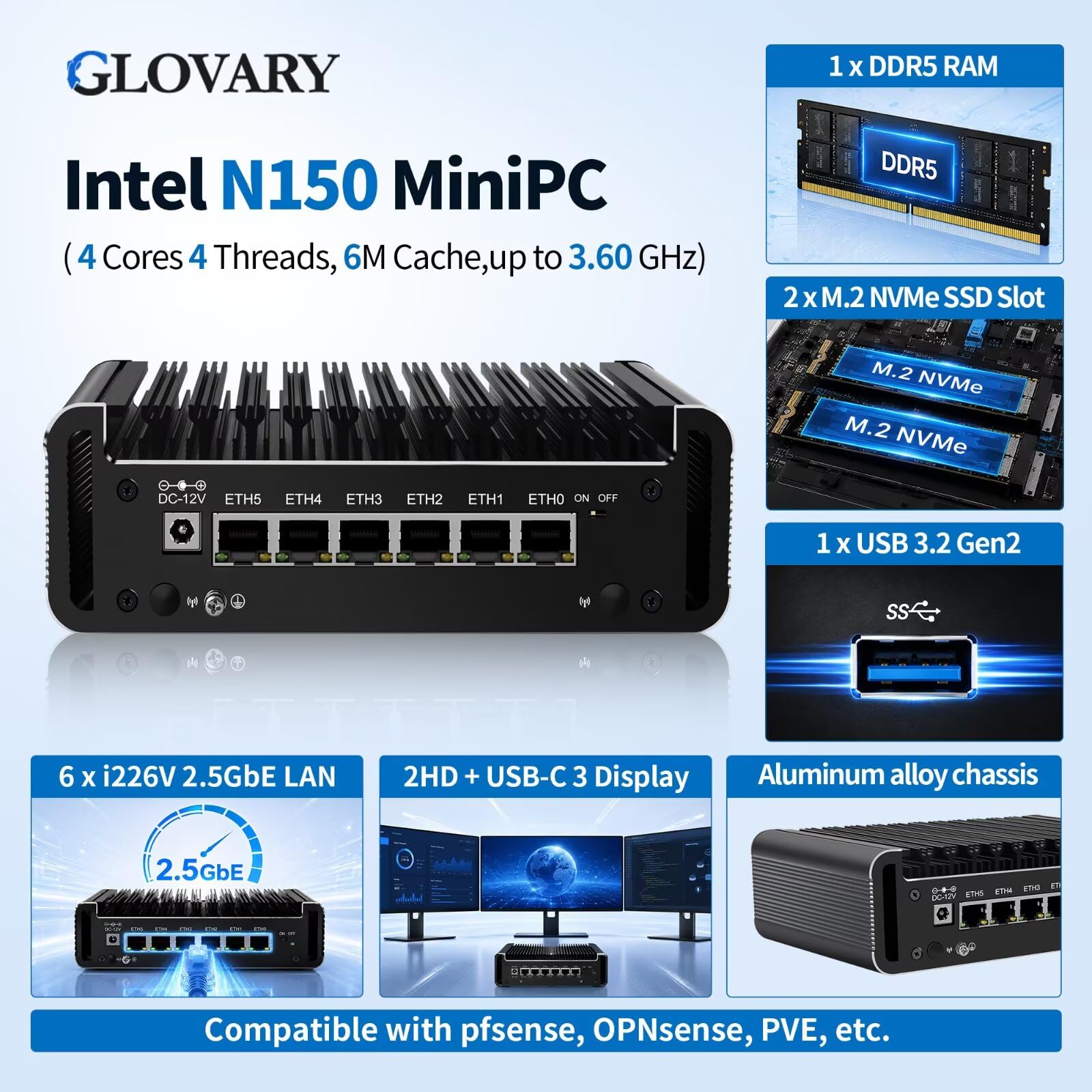 N150 Mini PC Firewall (N100 Upgrade), 6 x 2.5 GoE i226V LAN Fanless OPNsense Router Computer, DDR5 8 Go RAM 128 Go NVMe SSD, AES-NI, 2HD + USB-C 3 Display, 2 x M.2 NVMe Slot