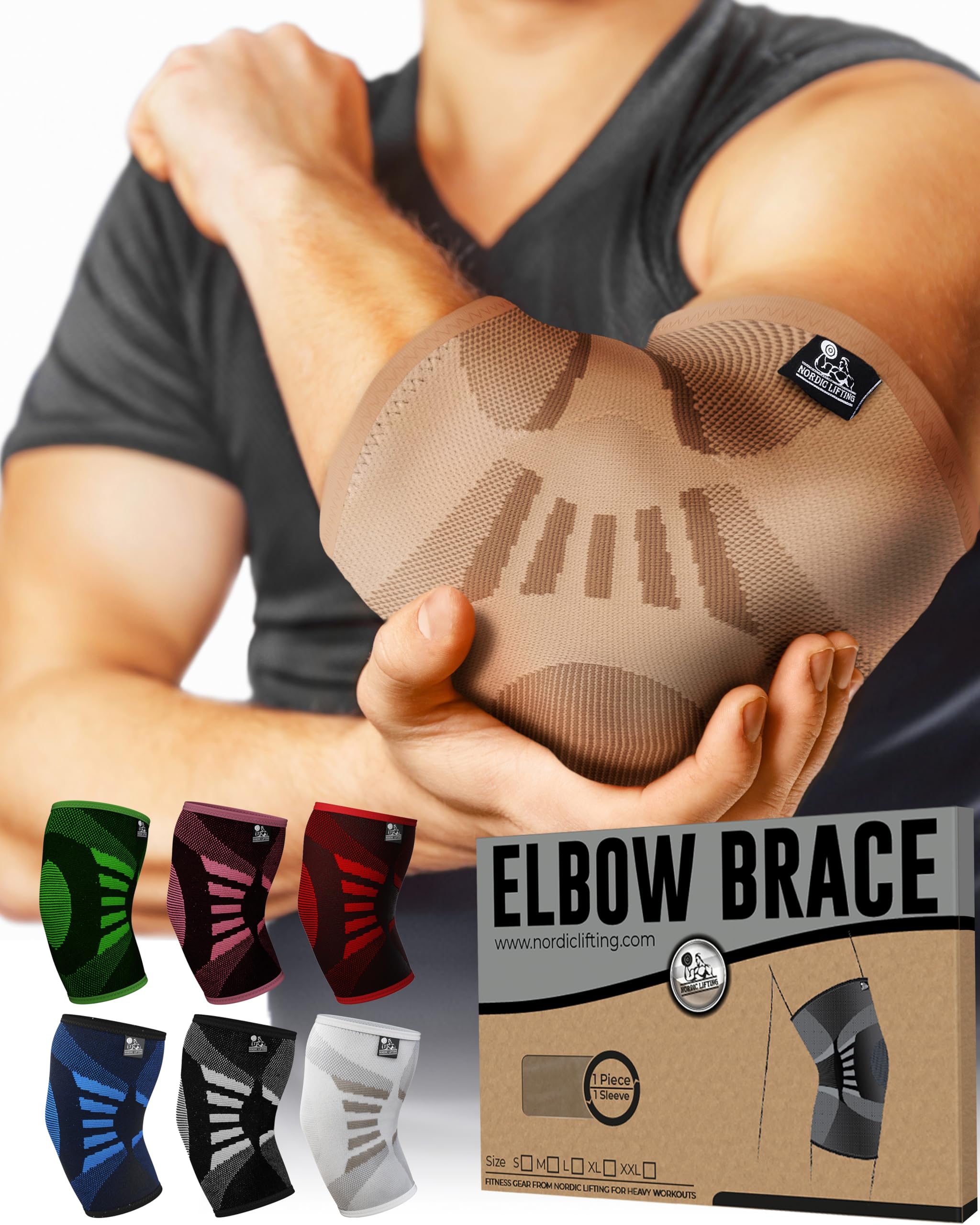 Nordic Lifting Manicotto a compressione per gomito (1 pezzo) per uomini e donne, supporto per alleviare il dolore, tendinite, gomito del golfista e del tennista, tutore per sollevamento pesi per