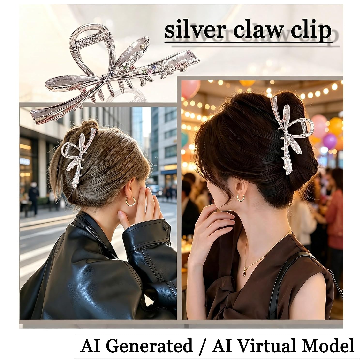 2PCS Silver Claw Clips,4.3 In Metal Bow Claw Clip for Women image 5