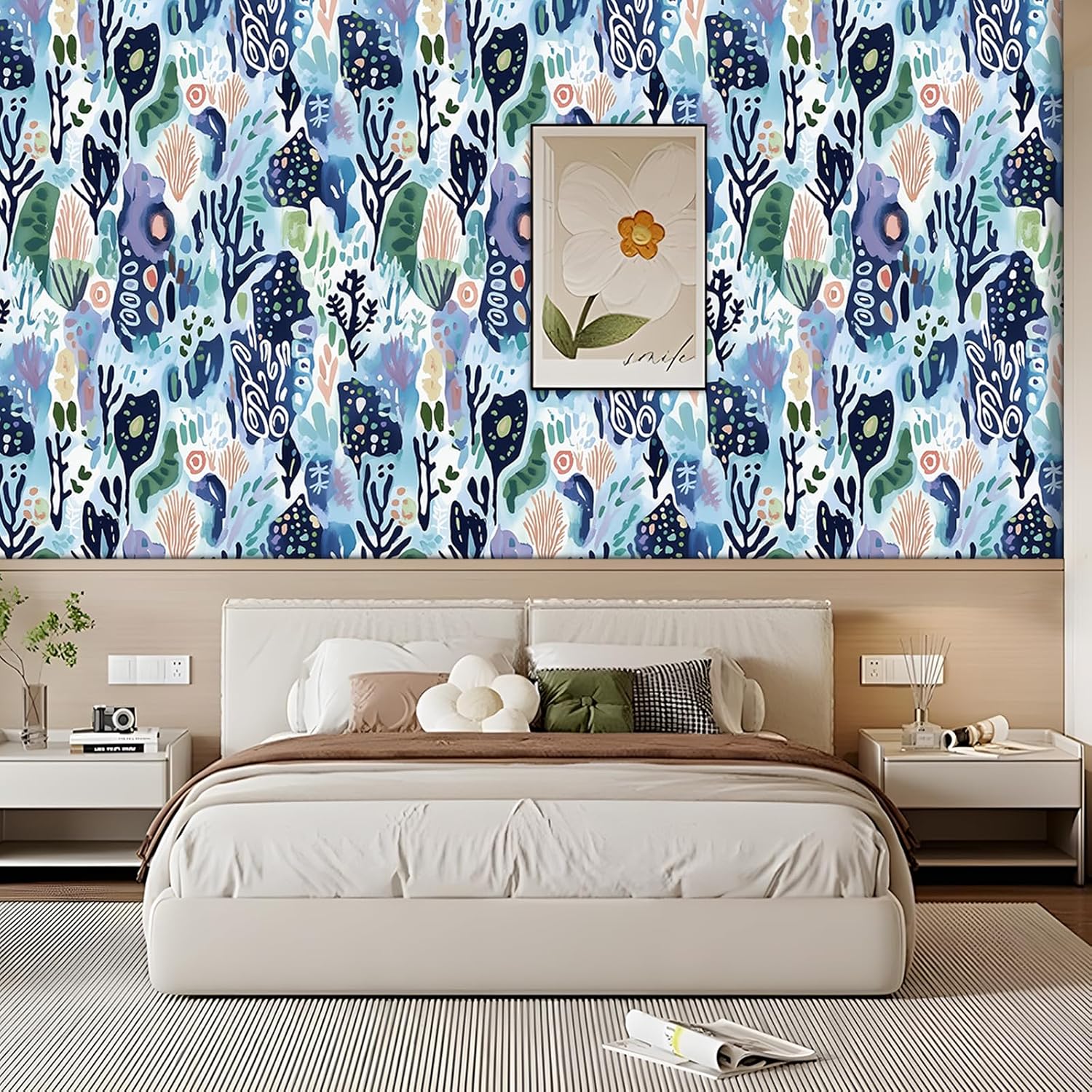 Abstract Sea Coral Wallpaper Self Adhesive Peel and Stick Blue Watercolor Seaweed Botanical Leaves Contact Paper Removable Waterproof for Bedroom Renter Friendly 17.71"x236.2"