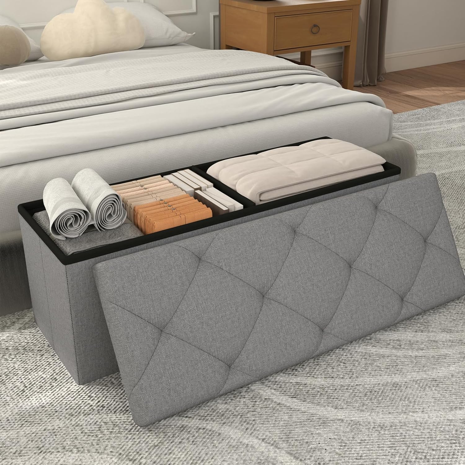 43 inch Storage Ottoman Bench, Folding Storage Bench Ottoman, for Bedroom, Living Room, and Utility Room, Grey (43.3'' W)