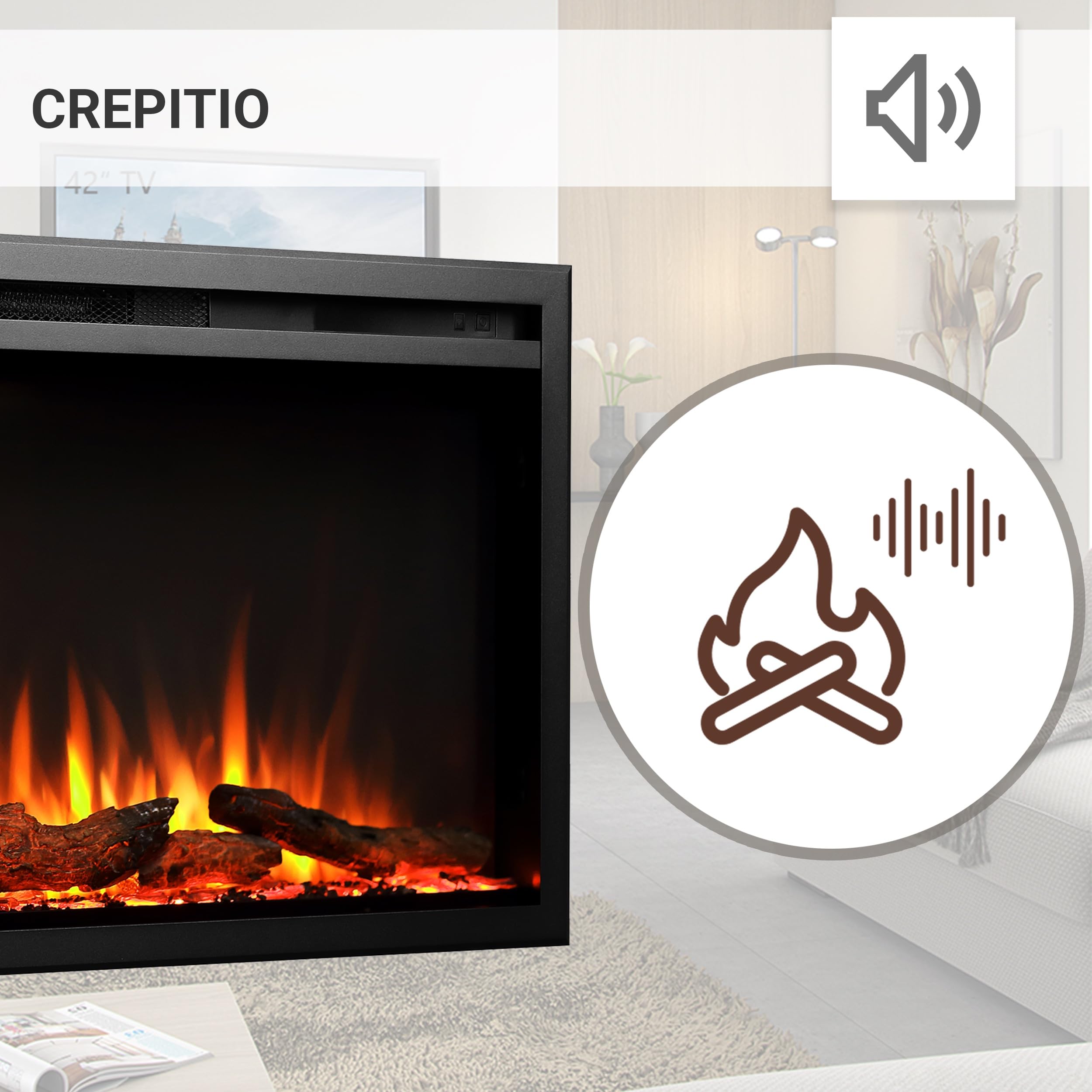Balderia camino elettrico Atalanta | Caminetto a incasso effetto fiamma 3D | Riscaldamento elettrico 1500W, LED, comando via app, crepitio | Nero
